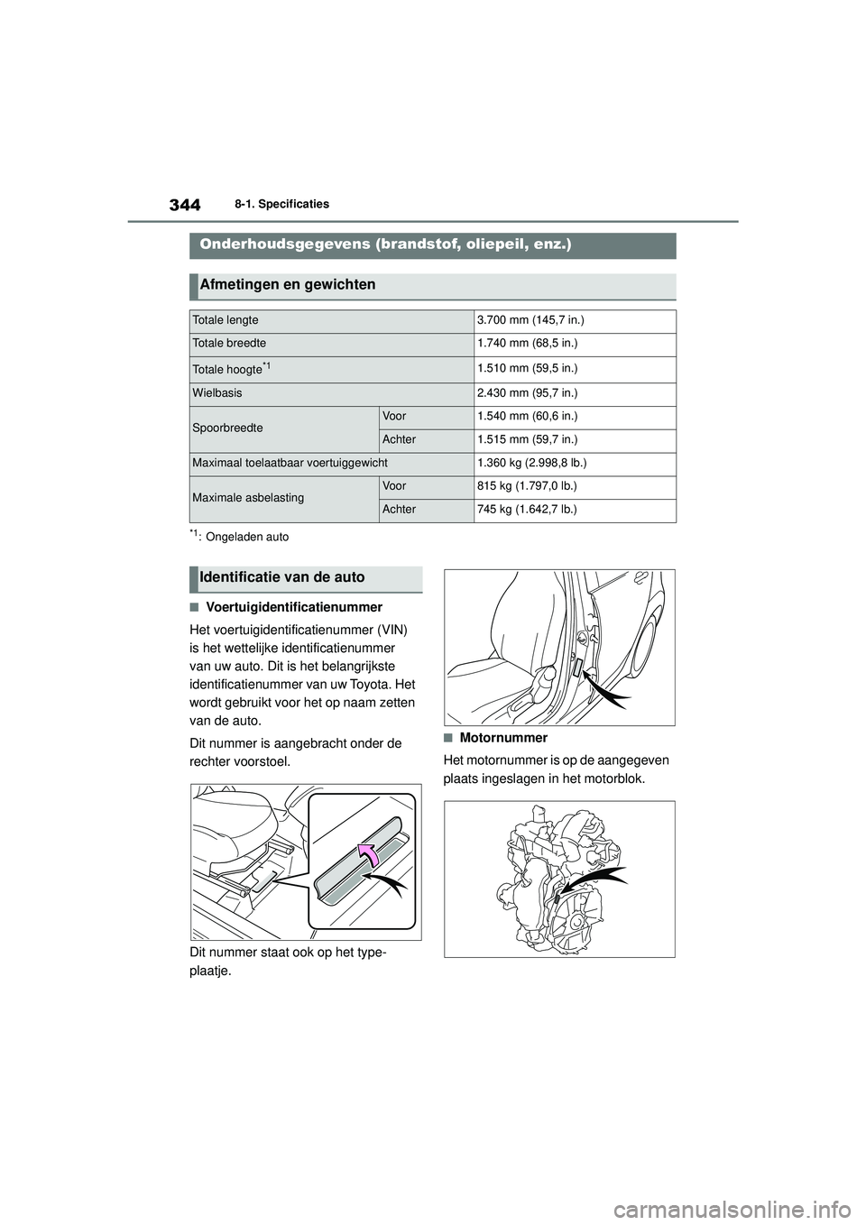 TOYOTA AYGO X 2022  Instructieboekje (in Dutch) 344
Handleiding_Europa_M99V08_nl
8-1. Specificaties
8-1.Specificaties
*1: Ongeladen auto
�QVoertuigidentificatienummer
Het voertuigidentificatienummer (VIN) 
is het wettelijke identificatienummer 
van