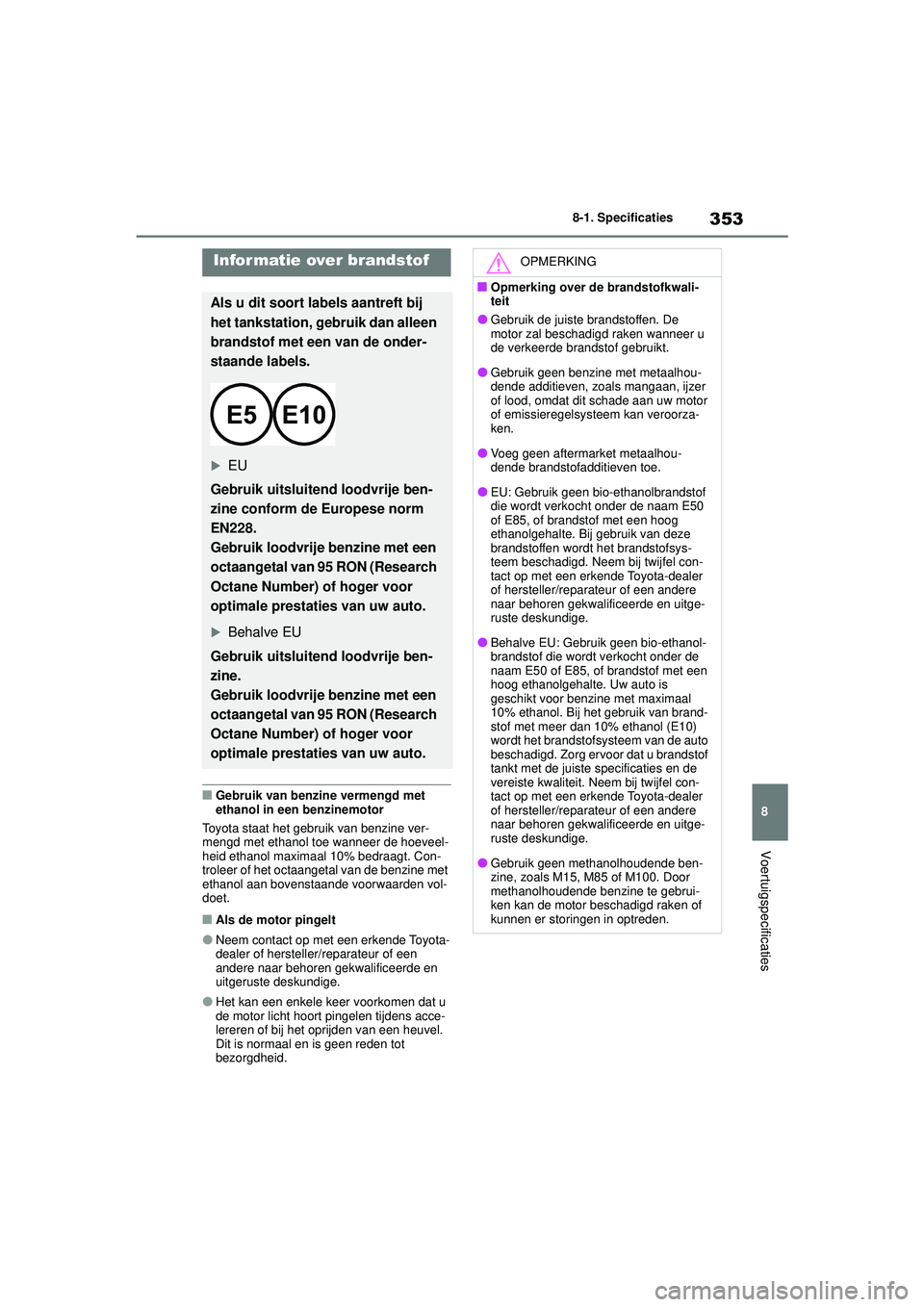 TOYOTA AYGO X 2022  Instructieboekje (in Dutch) 353
8
Handleiding_Europa_M99V08_nl
8-1. Specificaties
Voertuigspecificaties
�QGebruik van benzine vermengd met 
ethanol in een benzinemotor
Toyota staat het gebruik van benzine ver-
mengd met ethanol 