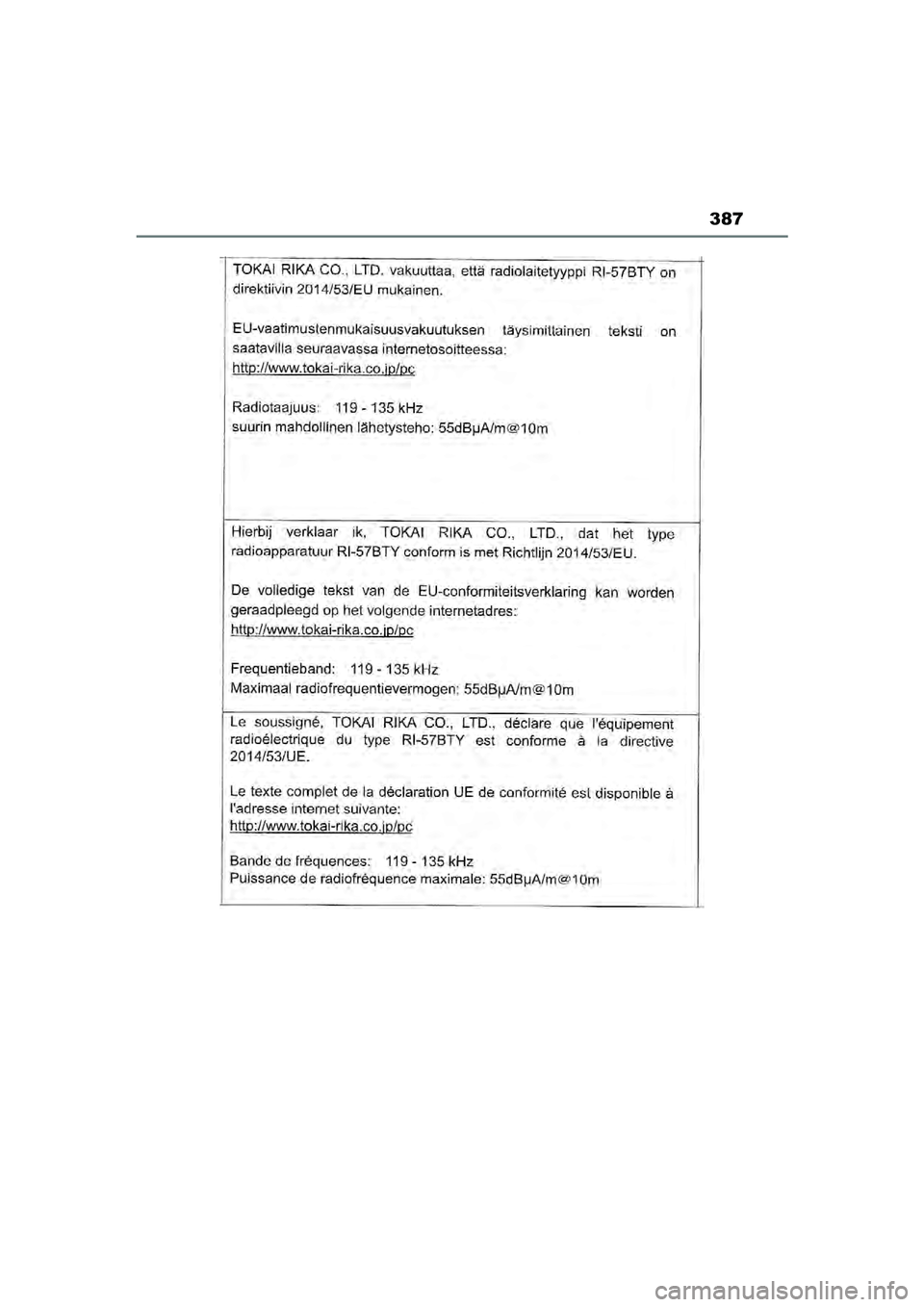 TOYOTA AYGO X 2022 Instructieboekje (in Dutch) 387
Handleiding_Europa_M99V08_nl
Aygo_X_OM_Europe_OM99V08E.book Page 387 Friday, October 29, 2021 2:39 PM TOYOTA AYGO X 2022 Instructieboekje (in Dutch) 387
Handleiding_Europa_M99V08_nl
Aygo_X_OM_Europe_OM99V08E.book Page 387 Friday, October 29, 2021 2:39 PM