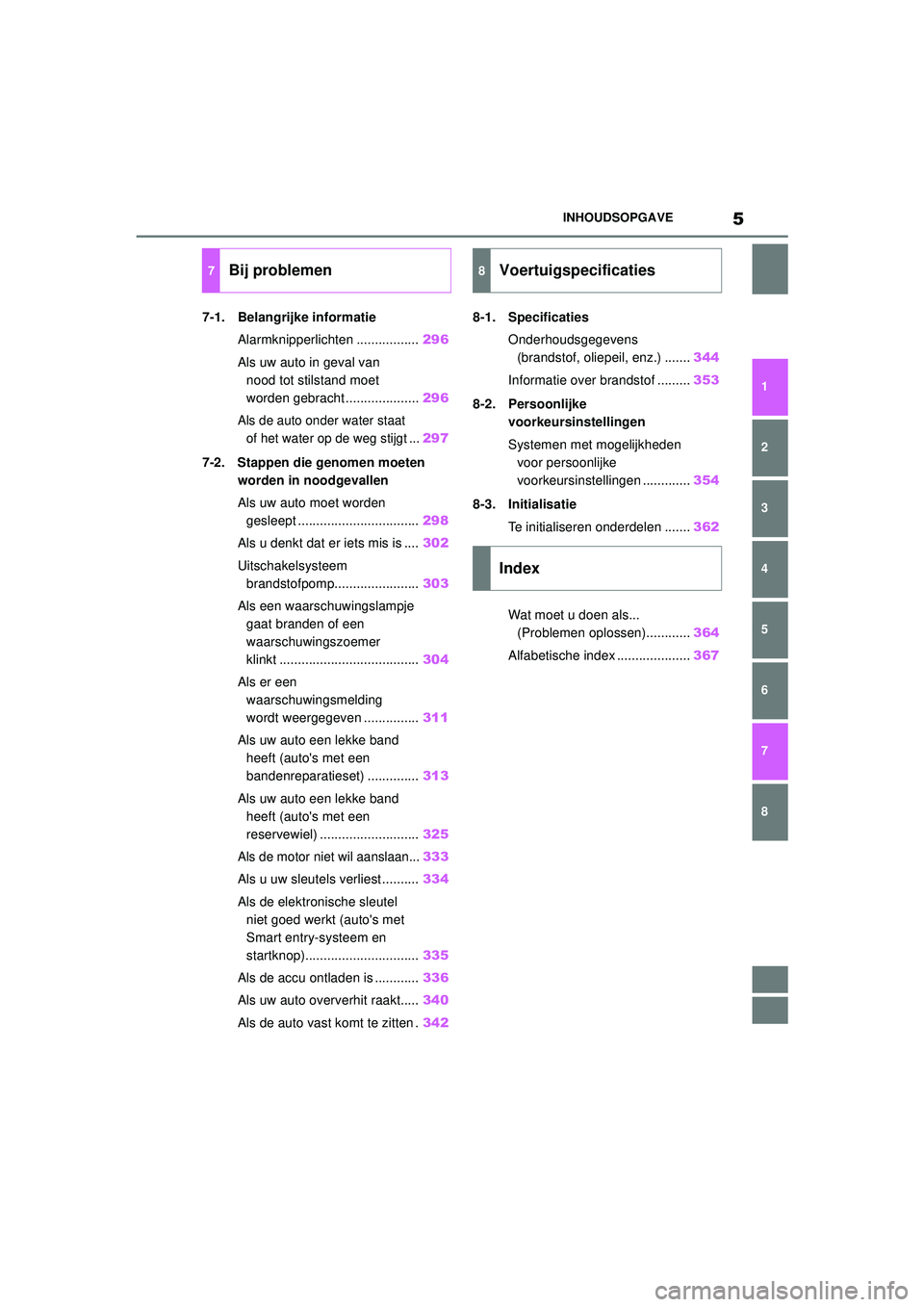 TOYOTA AYGO X 2022 Instructieboekje (in Dutch) 5
Handleiding_Europa_M99V08_nl
INHOUDSOPGAVE
1
6 5
4
3
2
8
7
7-1. Belangrijke informatieAlarmknipperlichten ................. 296
Als uw auto in geval van nood tot stilstand moet
worden gebracht ... TOYOTA AYGO X 2022 Instructieboekje (in Dutch) 5
Handleiding_Europa_M99V08_nl
INHOUDSOPGAVE
1
6 5
4
3
2
8
7
7-1. Belangrijke informatieAlarmknipperlichten ................. 296
Als uw auto in geval van nood tot stilstand moet
worden gebracht ...