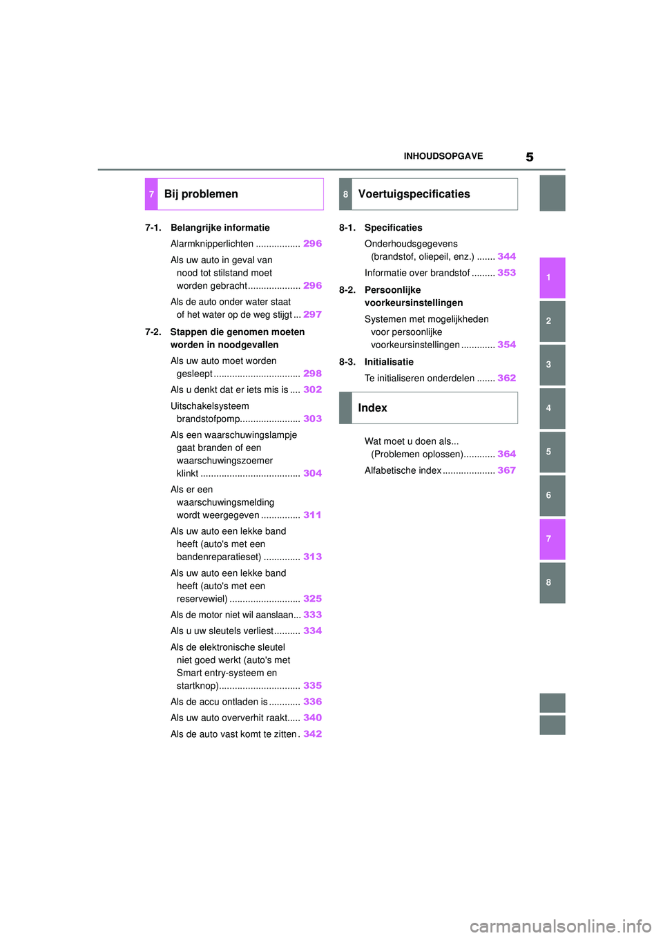 TOYOTA AYGO X 2022  Instructieboekje (in Dutch) 5
Handleiding_Europa_M99V08_nl
INHOUDSOPGAVE
1
6 5
4
3
2
8
7
7-1. Belangrijke informatieAlarmknipperlichten ................. 296
Als uw auto in geval van  nood tot stilstand moet 
worden gebracht ...