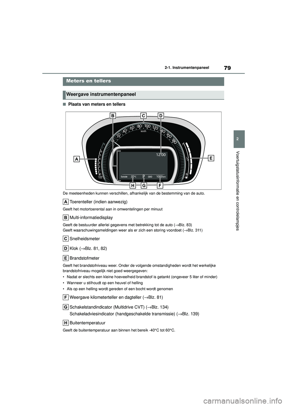 TOYOTA AYGO X 2022  Instructieboekje (in Dutch) 79
2
Handleiding_Europa_M99V08_nl
2-1. Instrumentenpaneel
Voertuigstatusinformatie en controlelampjes
�QPlaats van meters en tellers
De meeteenheden kunnen verschillen, afhankelijk van de bestemming v