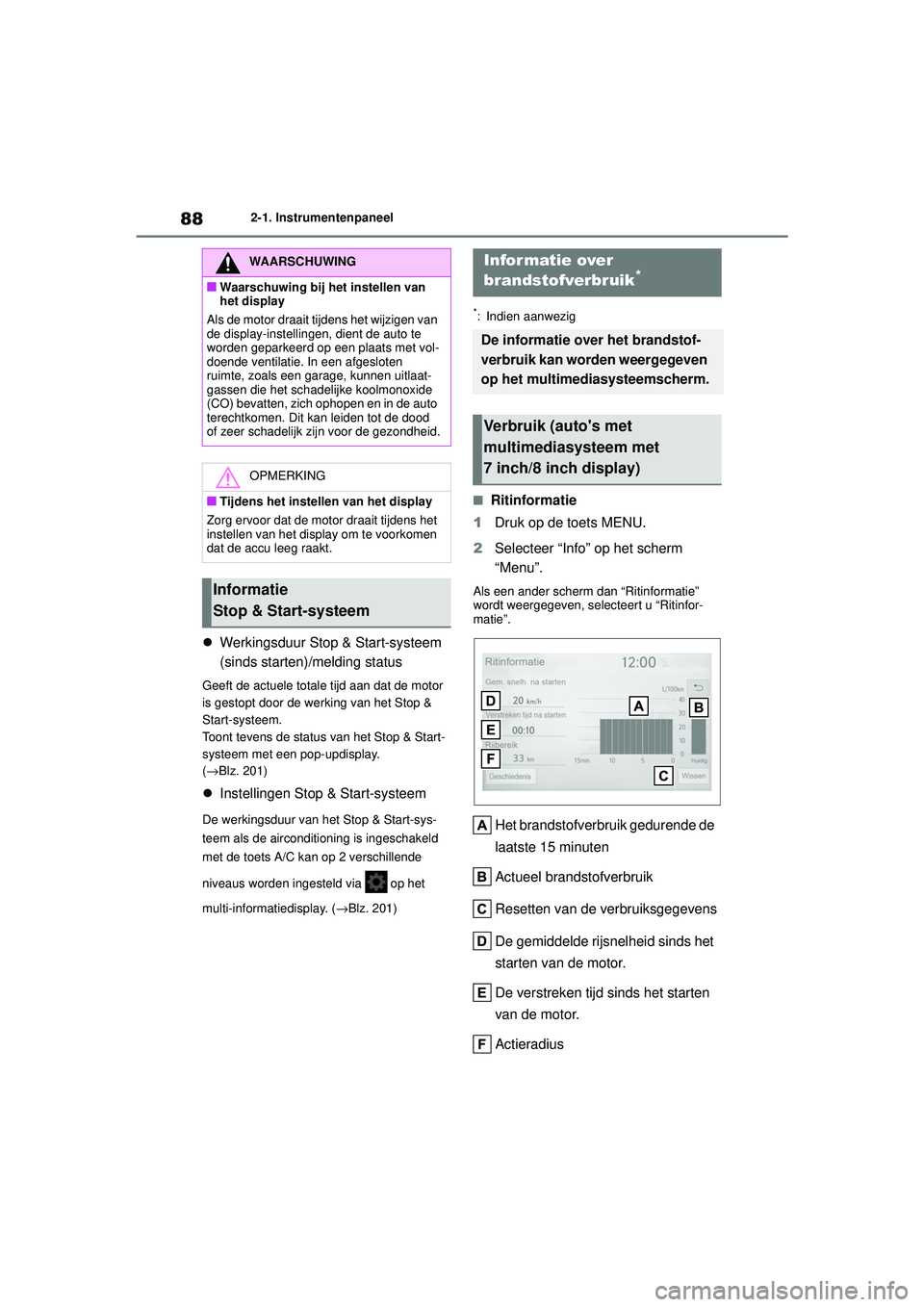 TOYOTA AYGO X 2022  Instructieboekje (in Dutch) 88
Handleiding_Europa_M99V08_nl
2-1. Instrumentenpaneel
Werkingsduur Stop & Start-systeem 
(sinds starten)/melding status
Geeft de actuele totale tijd aan dat de motor 
is gestopt door de werking v