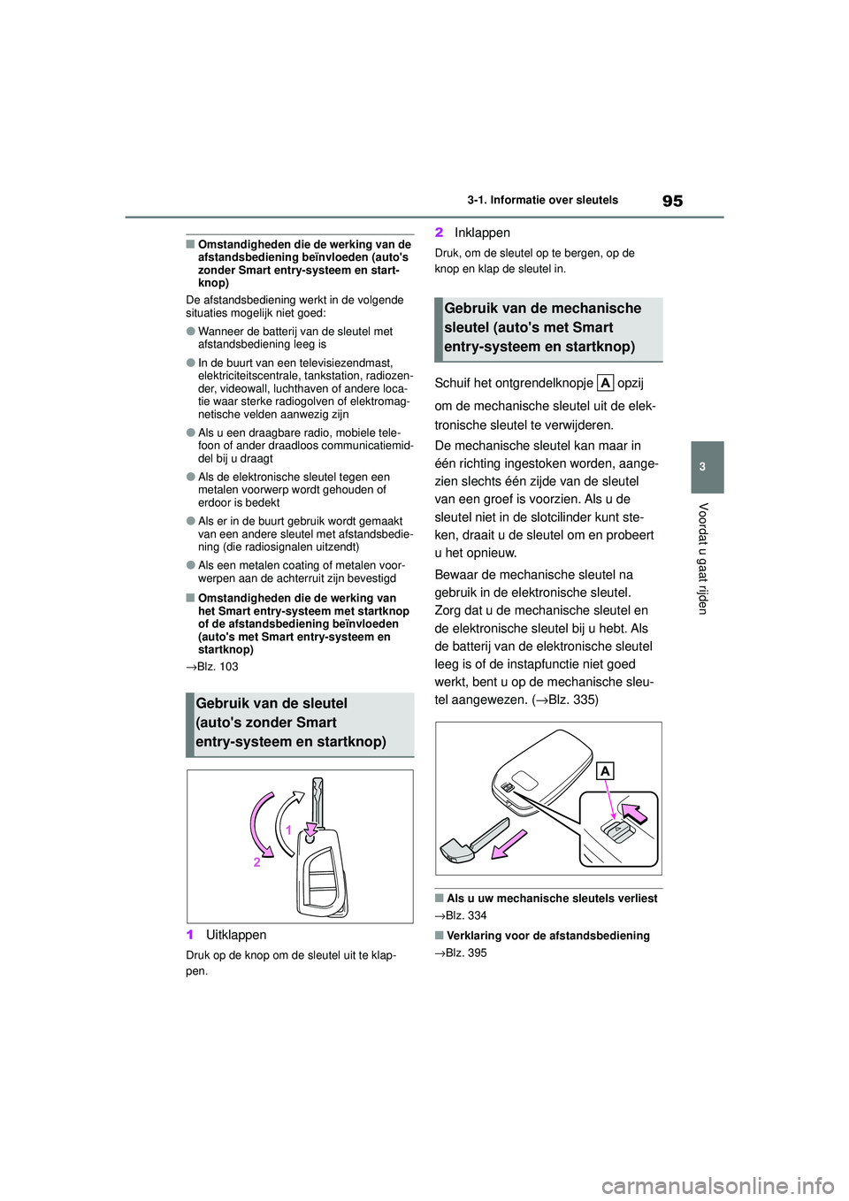 TOYOTA AYGO X 2022  Instructieboekje (in Dutch) 95
3
Handleiding_Europa_M99V08_nl
3-1. Informatie over sleutels
Voordat u gaat rijden
�QOmstandigheden die de werking van de 
afstandsbediening beïnvloeden (autos 
zonder Smart entry-systeem en star