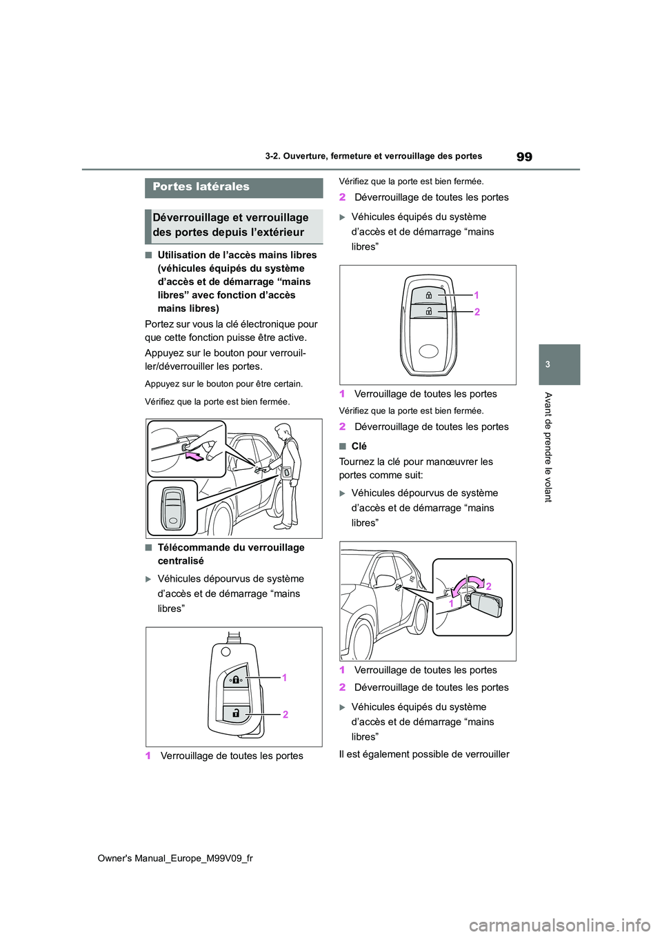TOYOTA AYGO X 2022  Notices Demploi (in French) 99
3
Owner's Manual_Europe_M99V09_fr
3-2. Ouverture, fermeture et verrouillage des portes
Avant de prendre le volant
3-2.Ouverture, fermeture et verrouillage des portes
■Utilisation de l’accè
