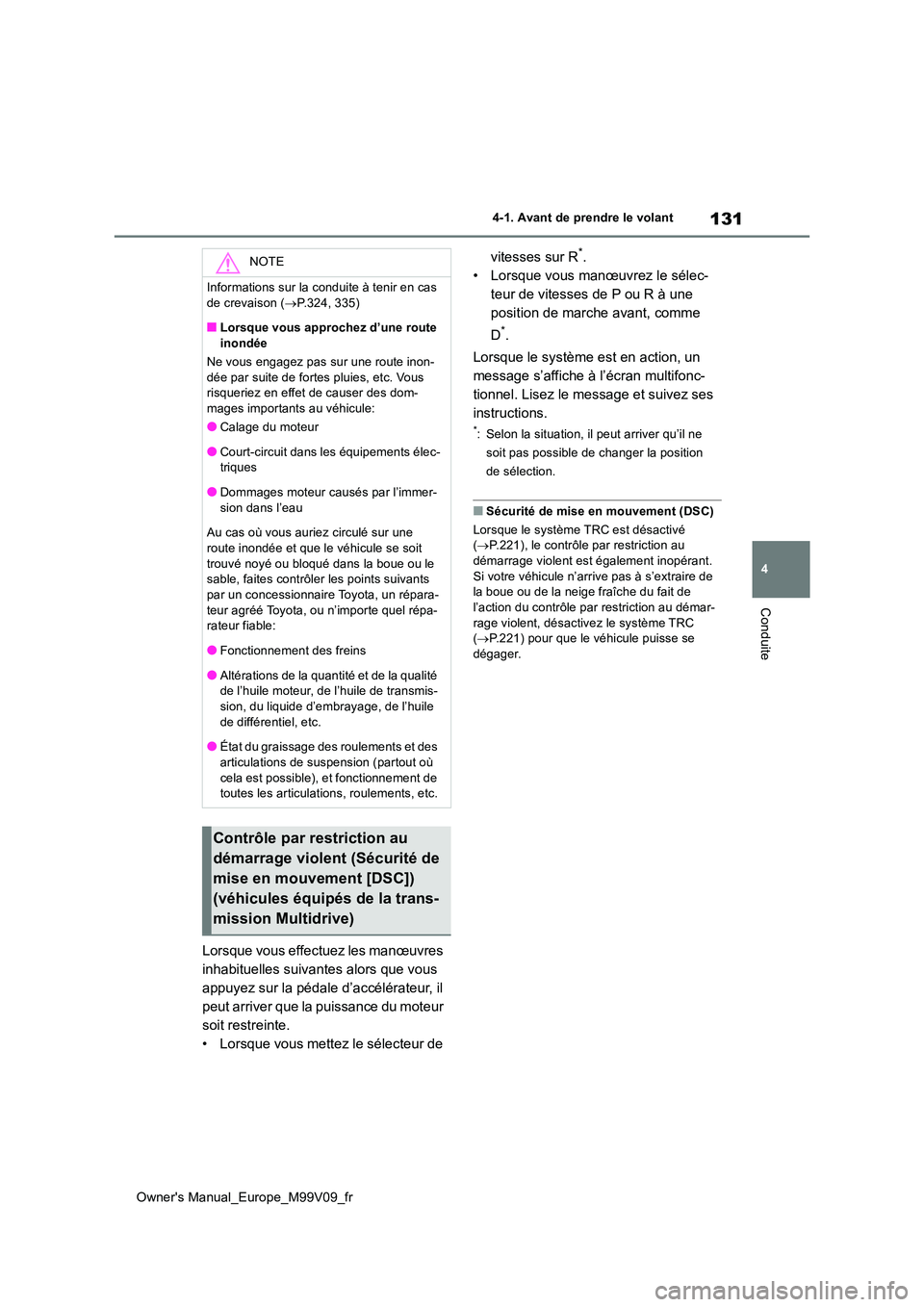 TOYOTA AYGO X 2022 Notices Demploi (in French) 131
4
Owner's Manual_Europe_M99V09_fr
4-1. Avant de prendre le volant
Conduite
Lorsque vous effectuez les manœuvres
inhabituelles suivantes alors que vous
appuyez sur la pédale d’accéléra TOYOTA AYGO X 2022 Notices Demploi (in French) 131
4
Owner's Manual_Europe_M99V09_fr
4-1. Avant de prendre le volant
Conduite
Lorsque vous effectuez les manœuvres
inhabituelles suivantes alors que vous
appuyez sur la pédale d’accéléra