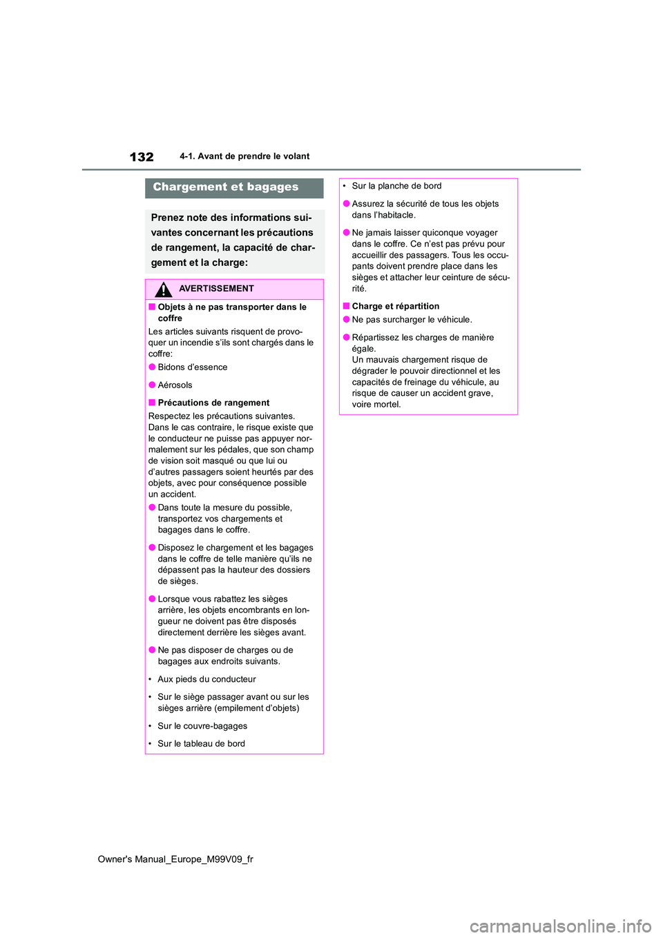 TOYOTA AYGO X 2022 Notices Demploi (in French) 132
Owner's Manual_Europe_M99V09_fr
4-1. Avant de prendre le volant
Chargement et bagages
Prenez note des informations sui-
vantes concernant les précautions
de rangement, la capacité de char TOYOTA AYGO X 2022 Notices Demploi (in French) 132
Owner's Manual_Europe_M99V09_fr
4-1. Avant de prendre le volant
Chargement et bagages
Prenez note des informations sui-
vantes concernant les précautions
de rangement, la capacité de char