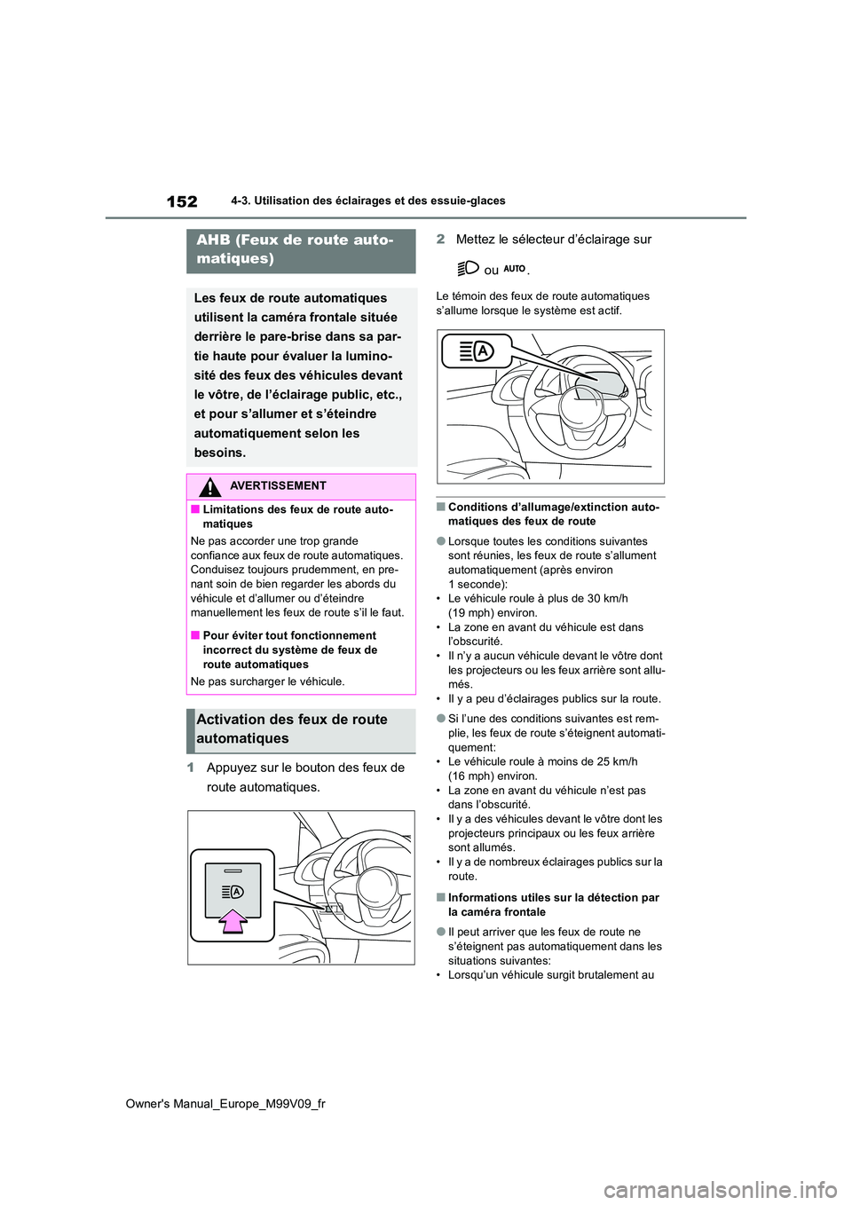 TOYOTA AYGO X 2022 Notices Demploi (in French) 152
Owner's Manual_Europe_M99V09_fr
4-3. Utilisation des éclairages et des essuie-glaces
1Appuyez sur le bouton des feux de
route automatiques.
2 Mettez le sélecteur d’éclairage sur
ou TOYOTA AYGO X 2022 Notices Demploi (in French) 152
Owner's Manual_Europe_M99V09_fr
4-3. Utilisation des éclairages et des essuie-glaces
1Appuyez sur le bouton des feux de
route automatiques.
2 Mettez le sélecteur d’éclairage sur
ou