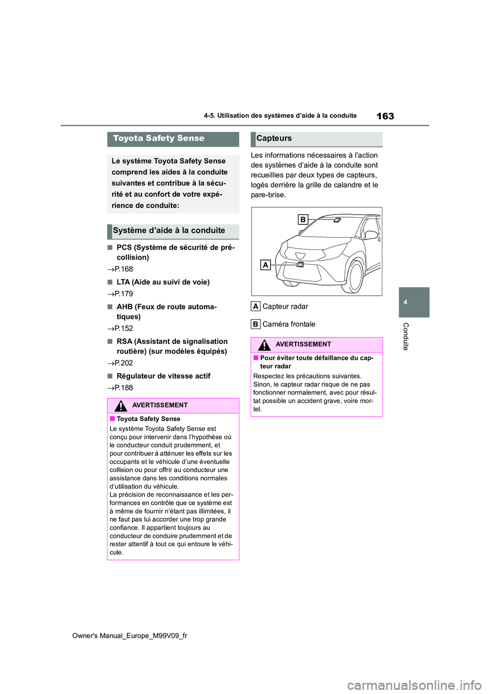TOYOTA AYGO X 2022 Notices Demploi (in French) 163
4
Owner's Manual_Europe_M99V09_fr
4-5. Utilisation des systèmes d’aide à la conduite
Conduite
4-5.Utilis ation des s ystèmes d’aide à la con duite
■PCS (Système de sécurité de pr TOYOTA AYGO X 2022 Notices Demploi (in French) 163
4
Owner's Manual_Europe_M99V09_fr
4-5. Utilisation des systèmes d’aide à la conduite
Conduite
4-5.Utilis ation des s ystèmes d’aide à la con duite
■PCS (Système de sécurité de pr