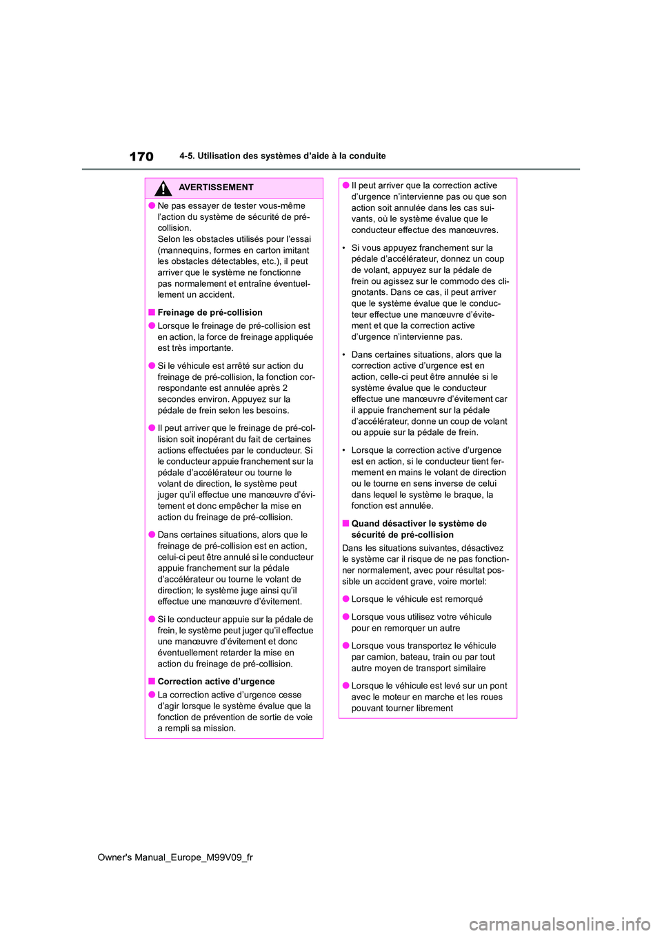 TOYOTA AYGO X 2022 Notices Demploi (in French) 170
Owner's Manual_Europe_M99V09_fr
4-5. Utilisation des systèmes d’aide à la conduite
AVERTISSEMENT
●Ne pas essayer de tester vous-même
l’action du système de sécurité de pré- coll TOYOTA AYGO X 2022 Notices Demploi (in French) 170
Owner's Manual_Europe_M99V09_fr
4-5. Utilisation des systèmes d’aide à la conduite
AVERTISSEMENT
●Ne pas essayer de tester vous-même
l’action du système de sécurité de pré- coll