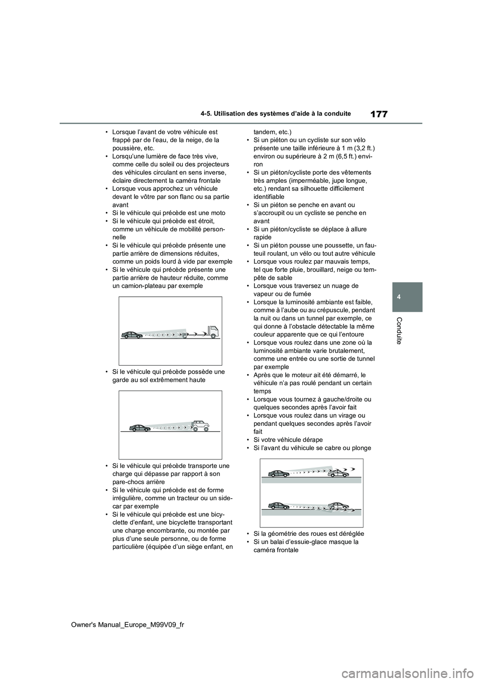 TOYOTA AYGO X 2022 Notices Demploi (in French) 177
4
Owner's Manual_Europe_M99V09_fr
4-5. Utilisation des systèmes d’aide à la conduite
Conduite
• Lorsque l’avant de votre véhicule est frappé par de l’eau, de la neige, de la pouss TOYOTA AYGO X 2022 Notices Demploi (in French) 177
4
Owner's Manual_Europe_M99V09_fr
4-5. Utilisation des systèmes d’aide à la conduite
Conduite
• Lorsque l’avant de votre véhicule est frappé par de l’eau, de la neige, de la pouss