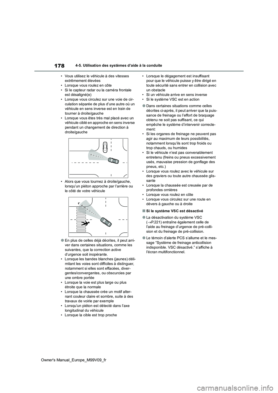 TOYOTA AYGO X 2022 Notices Demploi (in French) 178
Owner's Manual_Europe_M99V09_fr
4-5. Utilisation des systèmes d’aide à la conduite
• Vous utilisez le véhicule à des vitesses extrêmement élevées• Lorsque vous roulez en côte
TOYOTA AYGO X 2022 Notices Demploi (in French) 178
Owner's Manual_Europe_M99V09_fr
4-5. Utilisation des systèmes d’aide à la conduite
• Vous utilisez le véhicule à des vitesses extrêmement élevées• Lorsque vous roulez en côte