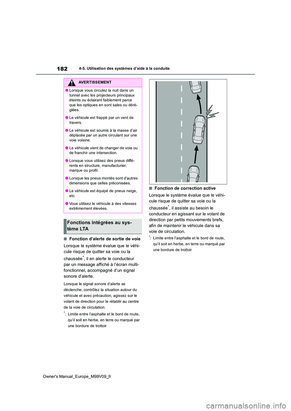 TOYOTA AYGO X 2022 Notices Demploi (in French) 182
Owner's Manual_Europe_M99V09_fr
4-5. Utilisation des systèmes d’aide à la conduite
■Fonction d’alerte de sortie de voie
Lorsque le système évalue que le véhi-
cule risque de quitt TOYOTA AYGO X 2022 Notices Demploi (in French) 182
Owner's Manual_Europe_M99V09_fr
4-5. Utilisation des systèmes d’aide à la conduite
■Fonction d’alerte de sortie de voie
Lorsque le système évalue que le véhi-
cule risque de quitt