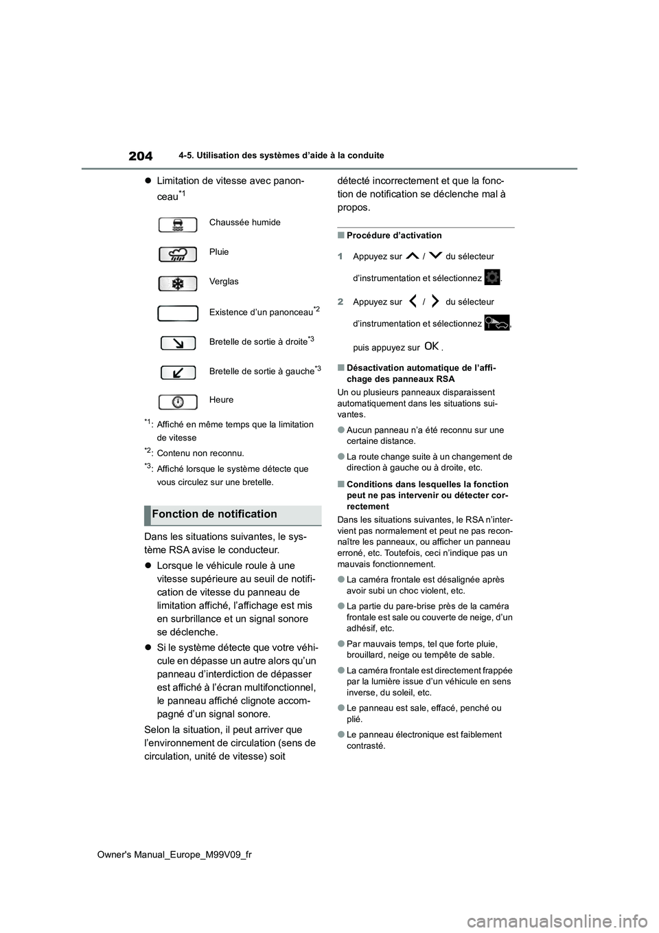 TOYOTA AYGO X 2022 Notices Demploi (in French) 204
Owner's Manual_Europe_M99V09_fr
4-5. Utilisation des systèmes d’aide à la conduite
Limitation de vitesse avec panon-
ceau*1
*1: Affiché en même temps que la limitation
de vitesse
* TOYOTA AYGO X 2022 Notices Demploi (in French) 204
Owner's Manual_Europe_M99V09_fr
4-5. Utilisation des systèmes d’aide à la conduite
Limitation de vitesse avec panon-
ceau*1
*1: Affiché en même temps que la limitation
de vitesse
*