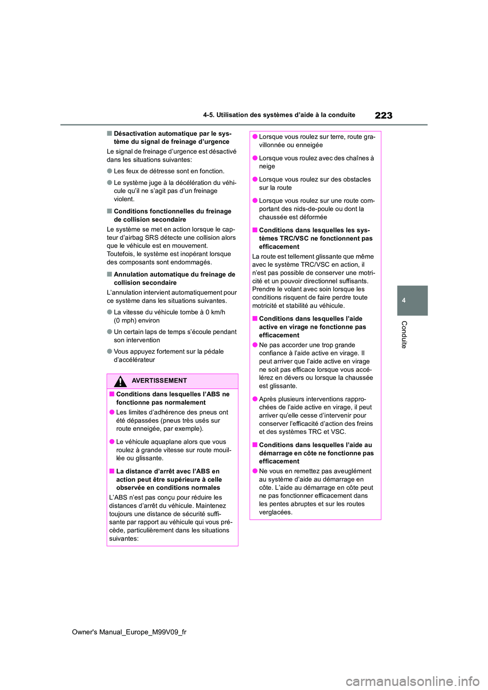 TOYOTA AYGO X 2022 Notices Demploi (in French) 223
4
Owner's Manual_Europe_M99V09_fr
4-5. Utilisation des systèmes d’aide à la conduite
Conduite
■Désactivation automatique par le sys- tème du signal de freinage d’urgence
Le signal d TOYOTA AYGO X 2022 Notices Demploi (in French) 223
4
Owner's Manual_Europe_M99V09_fr
4-5. Utilisation des systèmes d’aide à la conduite
Conduite
■Désactivation automatique par le sys- tème du signal de freinage d’urgence
Le signal d
