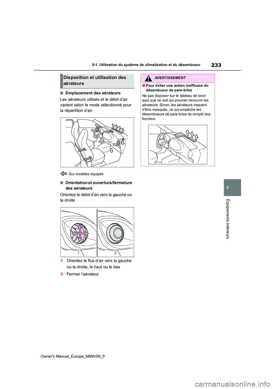 TOYOTA AYGO X 2022  Notices Demploi (in French) 233
5
Owner's Manual_Europe_M99V09_fr
5-1. Utilisation du système de climatisation et du désembueur
Équipements intérieurs
■Emplacement des aérateurs 
Les aérateurs utilisés et le débit 