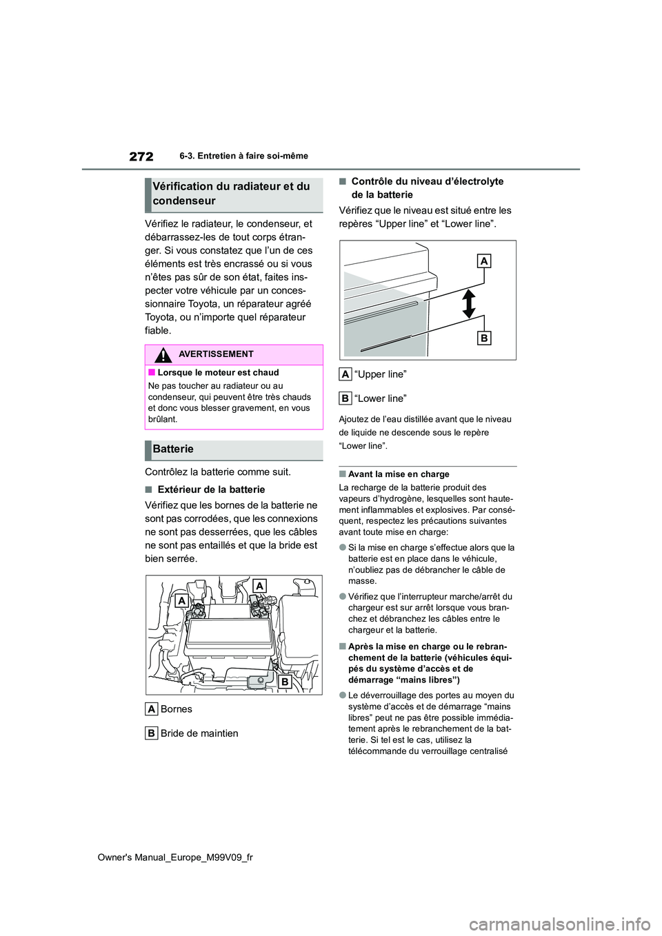 TOYOTA AYGO X 2022 Notices Demploi (in French) 272
Owner's Manual_Europe_M99V09_fr
6-3. Entretien à faire soi-même
Vérifiez le radiateur, le condenseur, et
débarrassez-les de tout corps étran-
ger. Si vous constatez que l’un de ces
TOYOTA AYGO X 2022 Notices Demploi (in French) 272
Owner's Manual_Europe_M99V09_fr
6-3. Entretien à faire soi-même
Vérifiez le radiateur, le condenseur, et
débarrassez-les de tout corps étran-
ger. Si vous constatez que l’un de ces