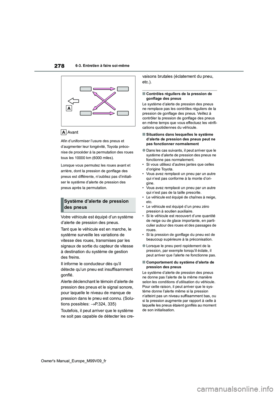 TOYOTA AYGO X 2022 Notices Demploi (in French) 278
Owner's Manual_Europe_M99V09_fr
6-3. Entretien à faire soi-même
Avant
Afin d’uniformiser l’usure des pneus et
d’augmenter leur longévité, Toyota préco-
nise de procéder à la per TOYOTA AYGO X 2022 Notices Demploi (in French) 278
Owner's Manual_Europe_M99V09_fr
6-3. Entretien à faire soi-même
Avant
Afin d’uniformiser l’usure des pneus et
d’augmenter leur longévité, Toyota préco-
nise de procéder à la per