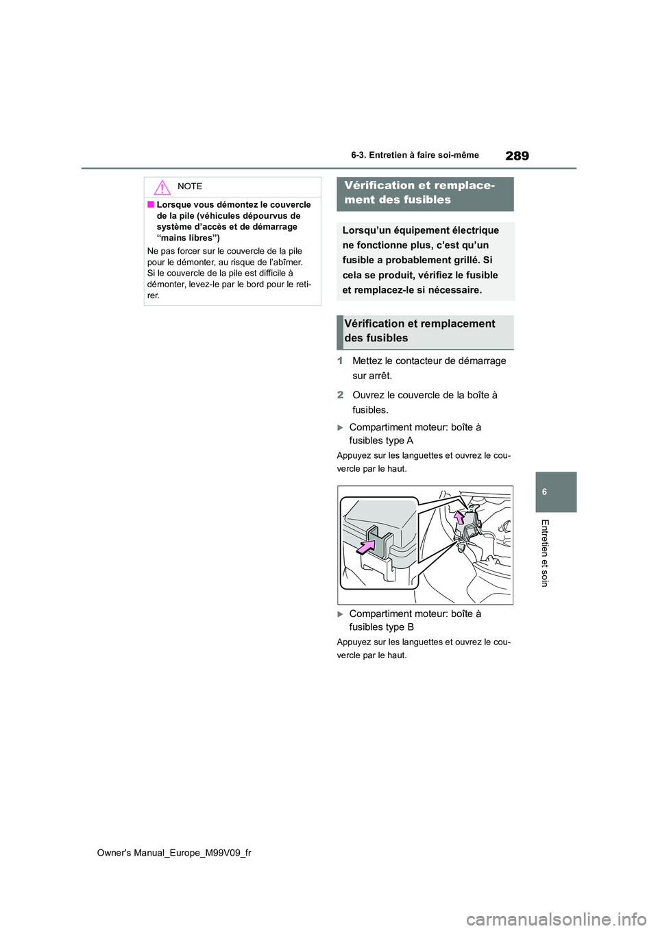 TOYOTA AYGO X 2022 Notices Demploi (in French) 289
6
Owner's Manual_Europe_M99V09_fr
6-3. Entretien à faire soi-même
Entretien et soin
1Mettez le contacteur de démarrage
sur arrêt.
2 Ouvrez le couvercle de la boîte à
fusibles.
Co TOYOTA AYGO X 2022 Notices Demploi (in French) 289
6
Owner's Manual_Europe_M99V09_fr
6-3. Entretien à faire soi-même
Entretien et soin
1Mettez le contacteur de démarrage
sur arrêt.
2 Ouvrez le couvercle de la boîte à
fusibles.
Co