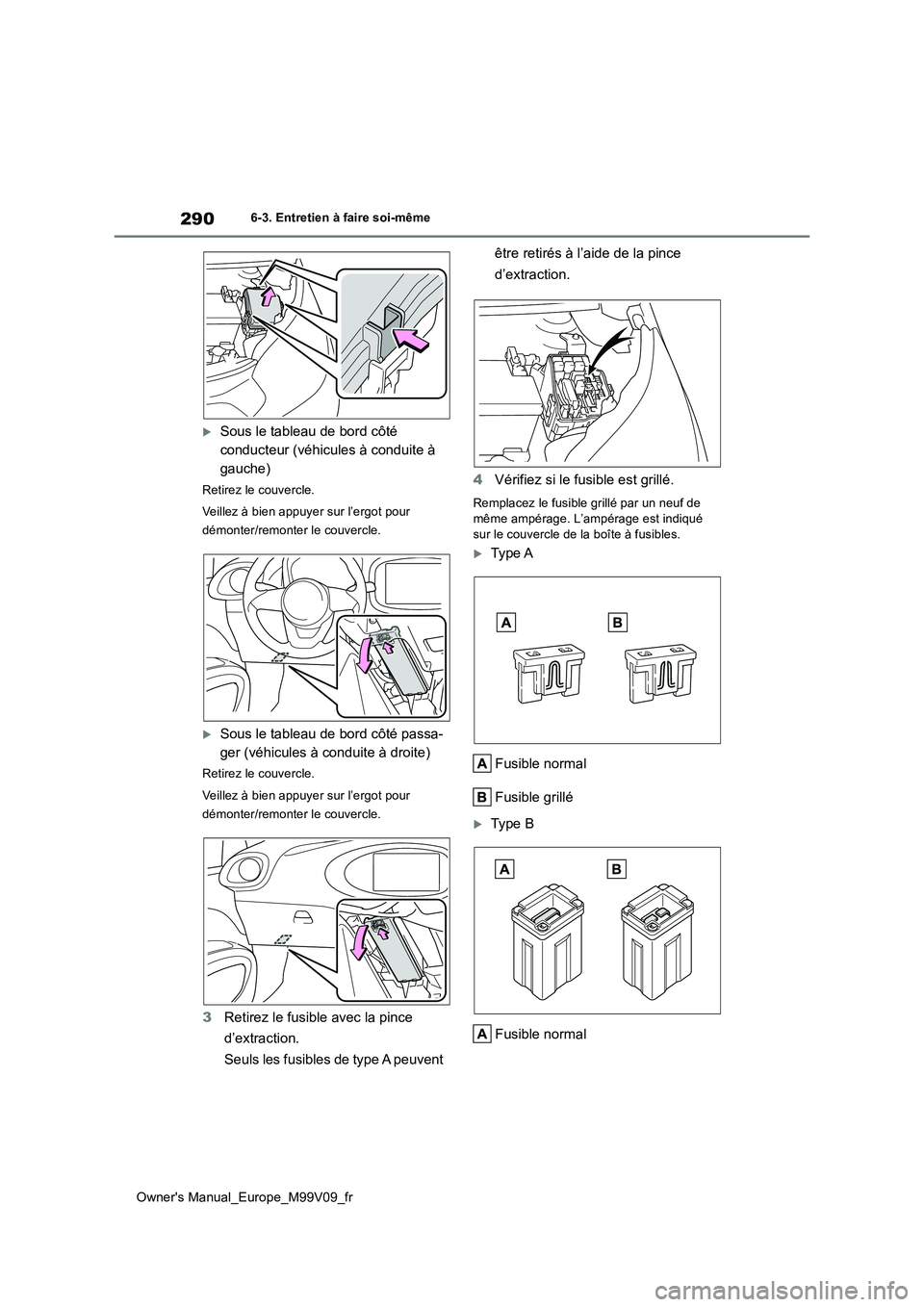 TOYOTA AYGO X 2022  Notices Demploi (in French) 290
Owner's Manual_Europe_M99V09_fr
6-3. Entretien à faire soi-même
Sous le tableau de bord côté  
conducteur (véhicules à conduite à 
gauche)
Retirez le couvercle. 
Veillez à bien appu