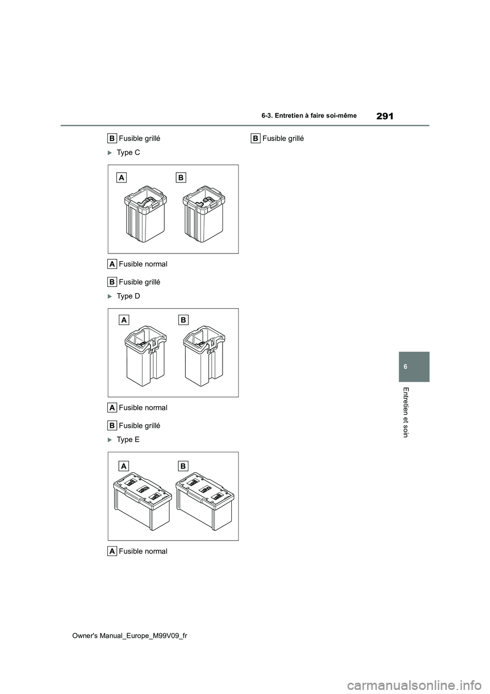 TOYOTA AYGO X 2022 Notices Demploi (in French) 291
6
Owner's Manual_Europe_M99V09_fr
6-3. Entretien à faire soi-même
Entretien et soin
Fusible grillé
Ty p e C
Fusible normal
Fusible grillé
Ty p e D
Fusible normal
Fusible gril TOYOTA AYGO X 2022 Notices Demploi (in French) 291
6
Owner's Manual_Europe_M99V09_fr
6-3. Entretien à faire soi-même
Entretien et soin
Fusible grillé
Ty p e C
Fusible normal
Fusible grillé
Ty p e D
Fusible normal
Fusible gril