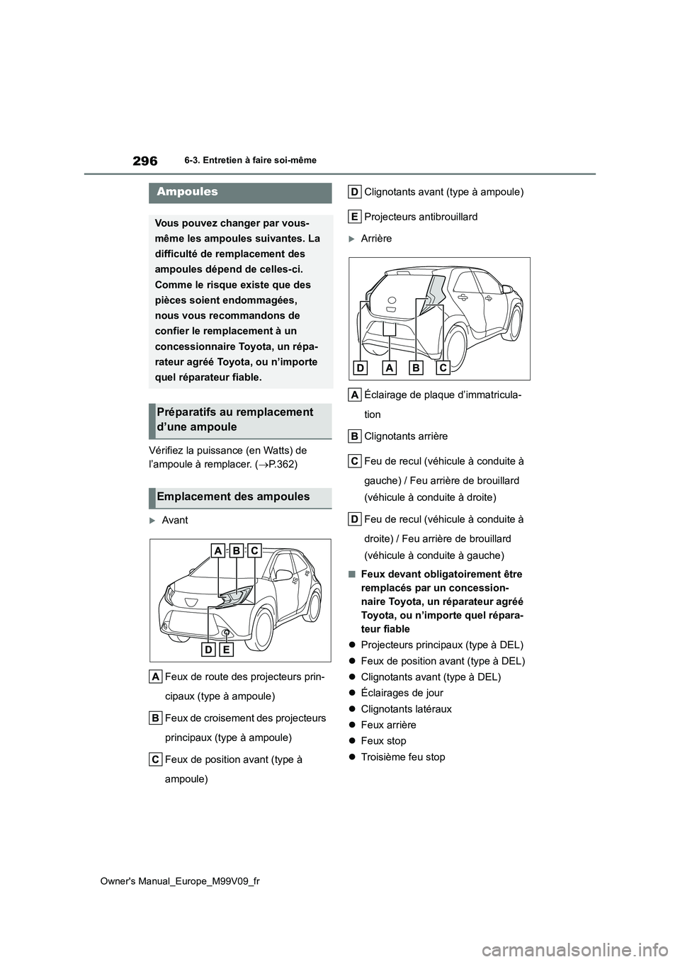 TOYOTA AYGO X 2022 Notices Demploi (in French) 296
Owner's Manual_Europe_M99V09_fr
6-3. Entretien à faire soi-même
Vérifiez la puissance (en Watts) de
l’ampoule à remplacer. ( P.362)
Avant
Feux de route des projecteurs prin-
ci TOYOTA AYGO X 2022 Notices Demploi (in French) 296
Owner's Manual_Europe_M99V09_fr
6-3. Entretien à faire soi-même
Vérifiez la puissance (en Watts) de
l’ampoule à remplacer. ( P.362)
Avant
Feux de route des projecteurs prin-
ci