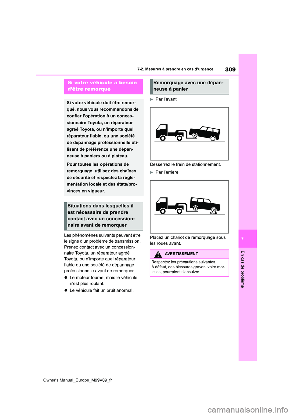 TOYOTA AYGO X 2022 Notices Demploi (in French) 309
7
Owner's Manual_Europe_M99V09_fr
7-2. Mesures à prendre en cas d’urgence
En cas de problème
7-2.Mesures à prendre en cas d’urgence
Les phénomènes suivants peuvent être
le signe d TOYOTA AYGO X 2022 Notices Demploi (in French) 309
7
Owner's Manual_Europe_M99V09_fr
7-2. Mesures à prendre en cas d’urgence
En cas de problème
7-2.Mesures à prendre en cas d’urgence
Les phénomènes suivants peuvent être
le signe d