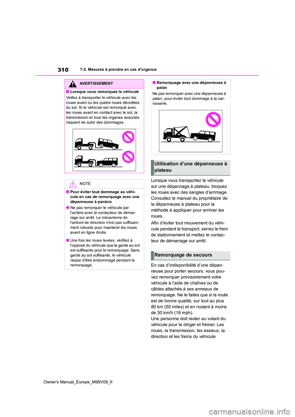TOYOTA AYGO X 2022 Notices Demploi (in French) 310
Owner's Manual_Europe_M99V09_fr
7-2. Mesures à prendre en cas d’urgence
Lorsque vous transportez le véhicule
sur une dépannage à plateau, bloquez
les roues avec des sangles d’arrima TOYOTA AYGO X 2022 Notices Demploi (in French) 310
Owner's Manual_Europe_M99V09_fr
7-2. Mesures à prendre en cas d’urgence
Lorsque vous transportez le véhicule
sur une dépannage à plateau, bloquez
les roues avec des sangles d’arrima