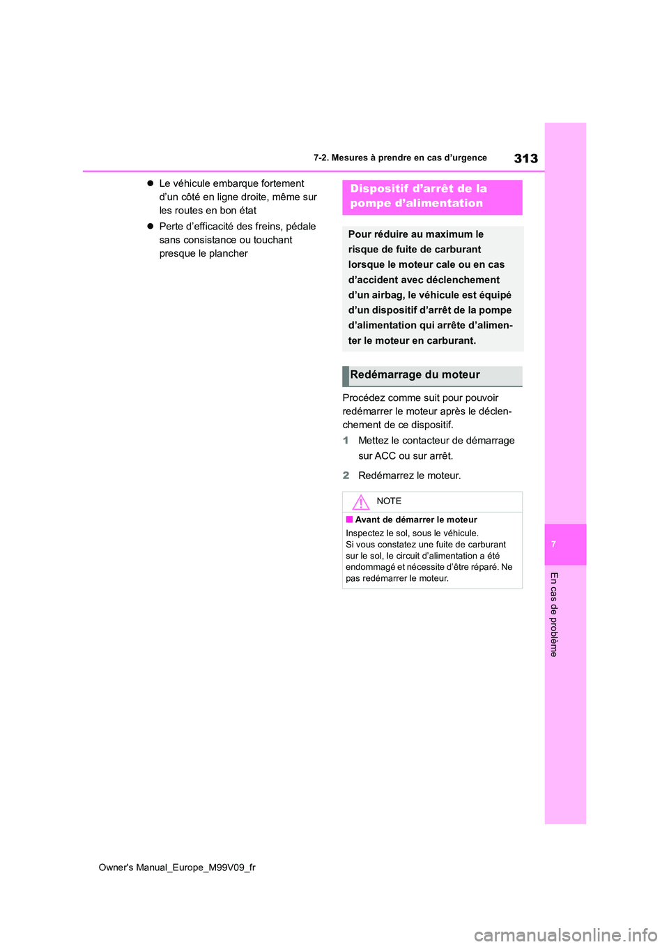 TOYOTA AYGO X 2022 Notices Demploi (in French) 313
7
Owner's Manual_Europe_M99V09_fr
7-2. Mesures à prendre en cas d’urgence
En cas de problème
Le véhicule embarque fortement
d’un côté en ligne droite, même sur
les routes en bo TOYOTA AYGO X 2022 Notices Demploi (in French) 313
7
Owner's Manual_Europe_M99V09_fr
7-2. Mesures à prendre en cas d’urgence
En cas de problème
Le véhicule embarque fortement
d’un côté en ligne droite, même sur
les routes en bo