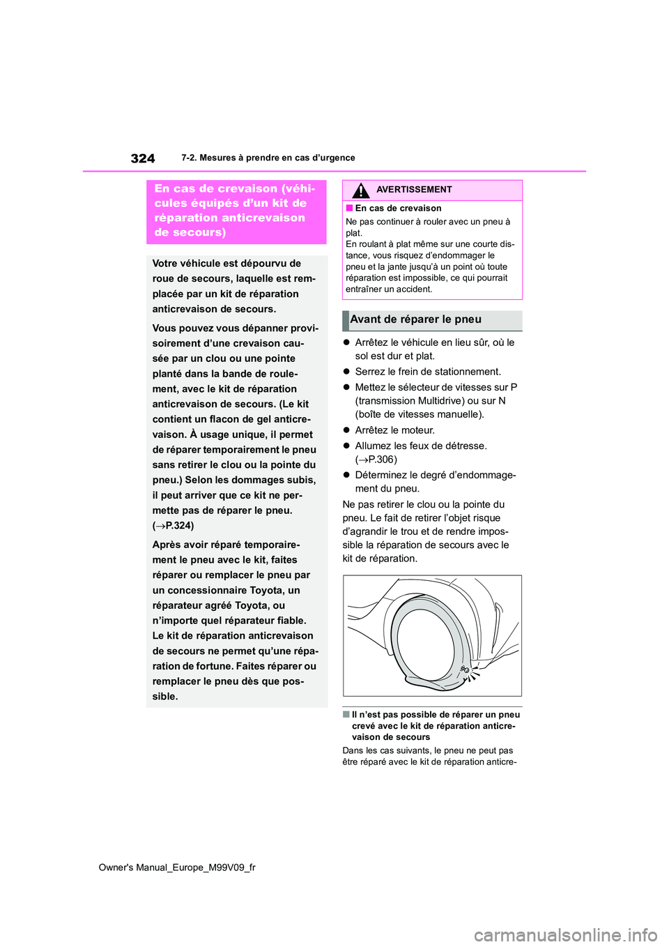 TOYOTA AYGO X 2022 Notices Demploi (in French) 324
Owner's Manual_Europe_M99V09_fr
7-2. Mesures à prendre en cas d’urgence
Arrêtez le véhicule en lieu sûr, où le
sol est dur et plat.
Serrez le frein de stationnement.
Mett TOYOTA AYGO X 2022 Notices Demploi (in French) 324
Owner's Manual_Europe_M99V09_fr
7-2. Mesures à prendre en cas d’urgence
Arrêtez le véhicule en lieu sûr, où le
sol est dur et plat.
Serrez le frein de stationnement.
Mett