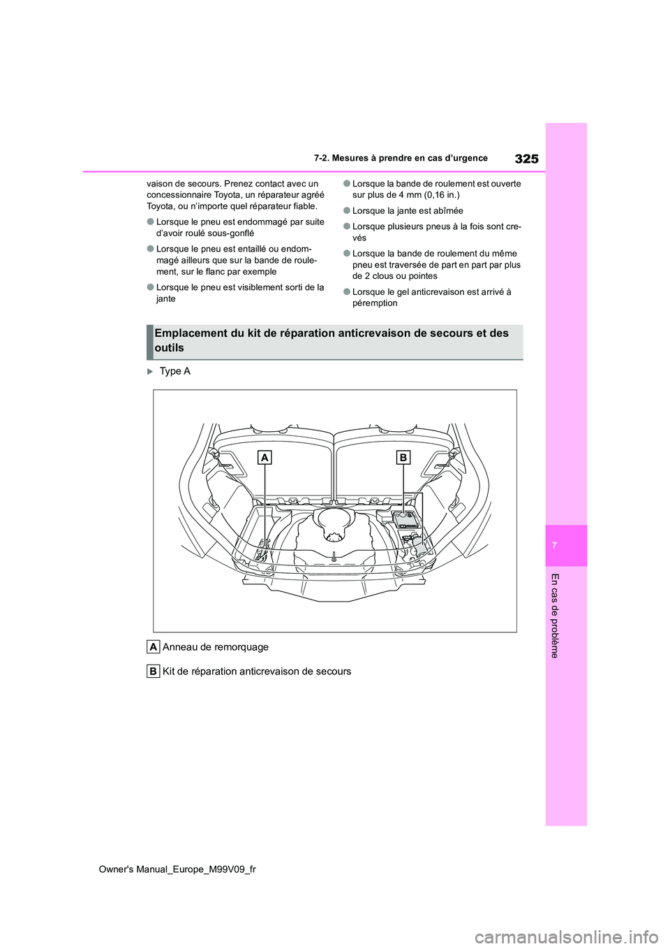 TOYOTA AYGO X 2022 Notices Demploi (in French) 325
7
Owner's Manual_Europe_M99V09_fr
7-2. Mesures à prendre en cas d’urgence
En cas de problème
vaison de secours. Prenez contact avec un concessionnaire Toyota, un réparateur agréé Toyot TOYOTA AYGO X 2022 Notices Demploi (in French) 325
7
Owner's Manual_Europe_M99V09_fr
7-2. Mesures à prendre en cas d’urgence
En cas de problème
vaison de secours. Prenez contact avec un concessionnaire Toyota, un réparateur agréé Toyot