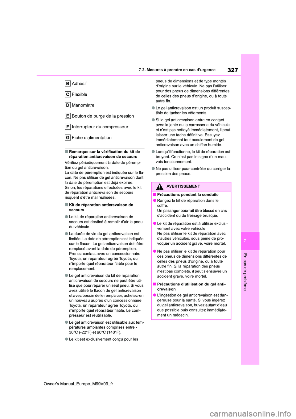 TOYOTA AYGO X 2022 Notices Demploi (in French) 327
7
Owner's Manual_Europe_M99V09_fr
7-2. Mesures à prendre en cas d’urgence
En cas de problème
Adhésif
Flexible
Manomètre
Bouton de purge de la pression
Interrupteur du compresseur
Fiche TOYOTA AYGO X 2022 Notices Demploi (in French) 327
7
Owner's Manual_Europe_M99V09_fr
7-2. Mesures à prendre en cas d’urgence
En cas de problème
Adhésif
Flexible
Manomètre
Bouton de purge de la pression
Interrupteur du compresseur
Fiche