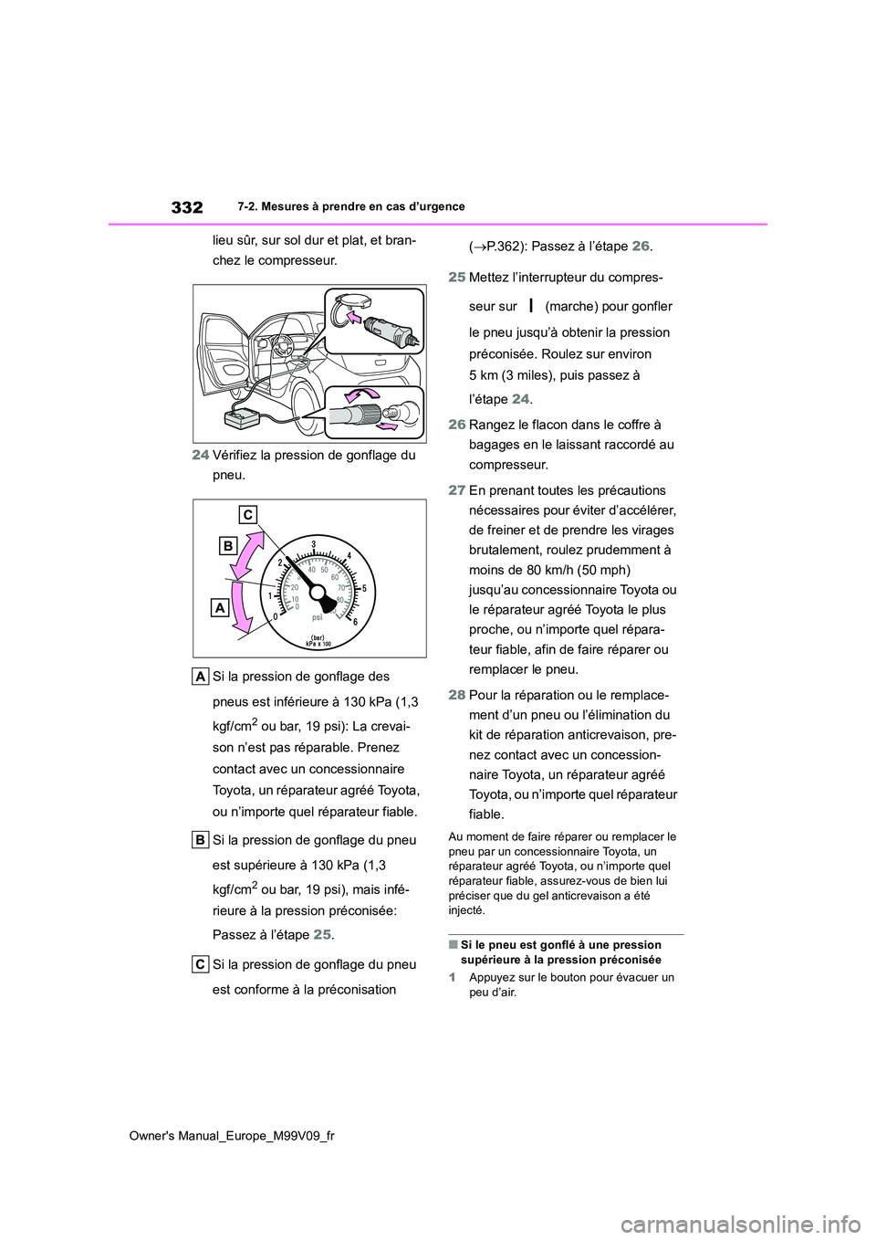 TOYOTA AYGO X 2022 Notices Demploi (in French) 332
Owner's Manual_Europe_M99V09_fr
7-2. Mesures à prendre en cas d’urgence
lieu sûr, sur sol dur et plat, et bran-
chez le compresseur.
24 Vérifiez la pression de gonflage du
pneu.
Si l TOYOTA AYGO X 2022 Notices Demploi (in French) 332
Owner's Manual_Europe_M99V09_fr
7-2. Mesures à prendre en cas d’urgence
lieu sûr, sur sol dur et plat, et bran-
chez le compresseur.
24 Vérifiez la pression de gonflage du
pneu.
Si l