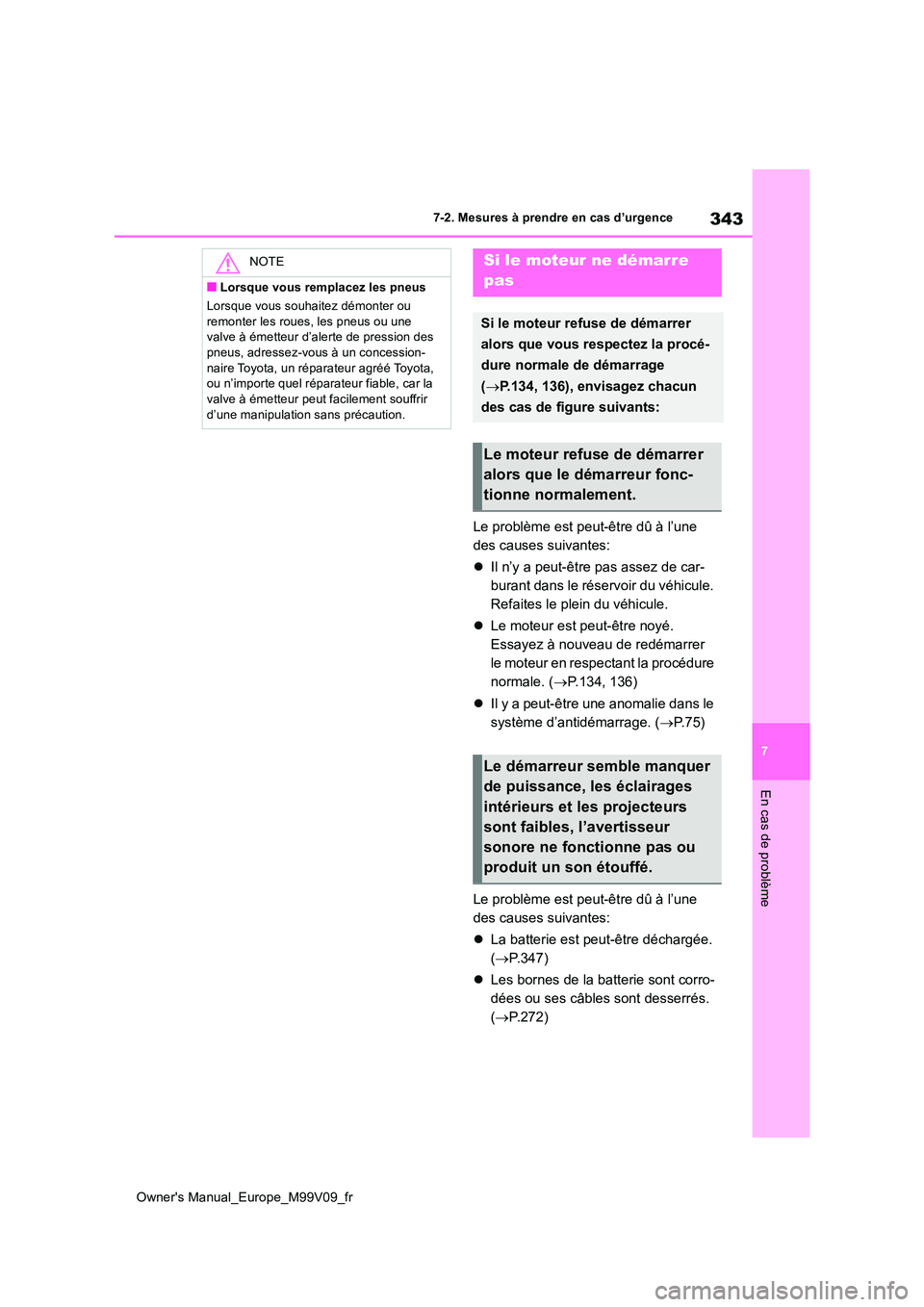 TOYOTA AYGO X 2022 Notices Demploi (in French) 343
7
Owner's Manual_Europe_M99V09_fr
7-2. Mesures à prendre en cas d’urgence
En cas de problème
Le problème est peut-être dû à l’une
des causes suivantes:
Il n’y a peut-être p TOYOTA AYGO X 2022 Notices Demploi (in French) 343
7
Owner's Manual_Europe_M99V09_fr
7-2. Mesures à prendre en cas d’urgence
En cas de problème
Le problème est peut-être dû à l’une
des causes suivantes:
Il n’y a peut-être p