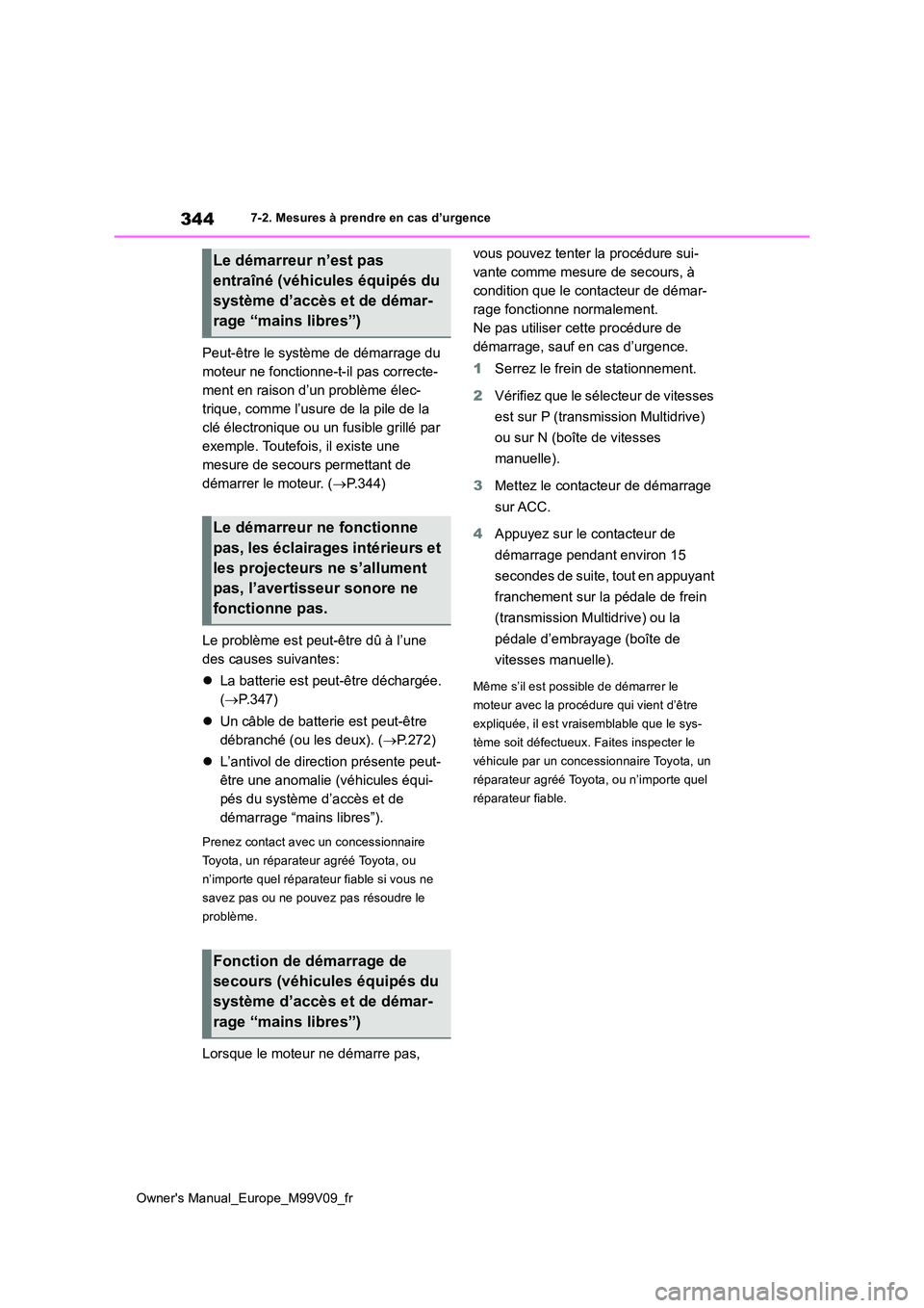 TOYOTA AYGO X 2022 Notices Demploi (in French) 344
Owner's Manual_Europe_M99V09_fr
7-2. Mesures à prendre en cas d’urgence
Peut-être le système de démarrage du
moteur ne fonctionne-t-il pas correcte-
ment en raison d’un problème él TOYOTA AYGO X 2022 Notices Demploi (in French) 344
Owner's Manual_Europe_M99V09_fr
7-2. Mesures à prendre en cas d’urgence
Peut-être le système de démarrage du
moteur ne fonctionne-t-il pas correcte-
ment en raison d’un problème él