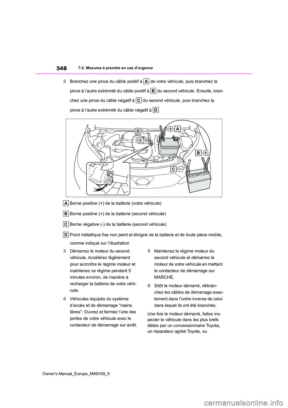 TOYOTA AYGO X 2022 Notices Demploi (in French) 348
Owner's Manual_Europe_M99V09_fr
7-2. Mesures à prendre en cas d’urgence
2Branchez une pince du câble positif à de votre véhicule, puis branchez la
pince à l’autre extrémité du c TOYOTA AYGO X 2022 Notices Demploi (in French) 348
Owner's Manual_Europe_M99V09_fr
7-2. Mesures à prendre en cas d’urgence
2Branchez une pince du câble positif à de votre véhicule, puis branchez la
pince à l’autre extrémité du c