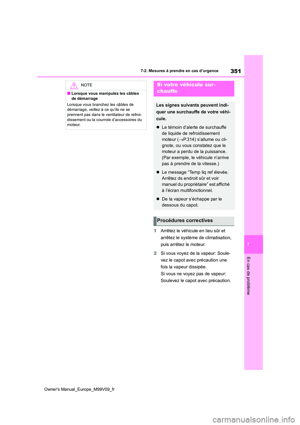 TOYOTA AYGO X 2022 Notices Demploi (in French) 351
7
Owner's Manual_Europe_M99V09_fr
7-2. Mesures à prendre en cas d’urgence
En cas de problème
1Arrêtez le véhicule en lieu sûr et
arrêtez le système de climatisation,
puis arrêtez TOYOTA AYGO X 2022 Notices Demploi (in French) 351
7
Owner's Manual_Europe_M99V09_fr
7-2. Mesures à prendre en cas d’urgence
En cas de problème
1Arrêtez le véhicule en lieu sûr et
arrêtez le système de climatisation,
puis arrêtez