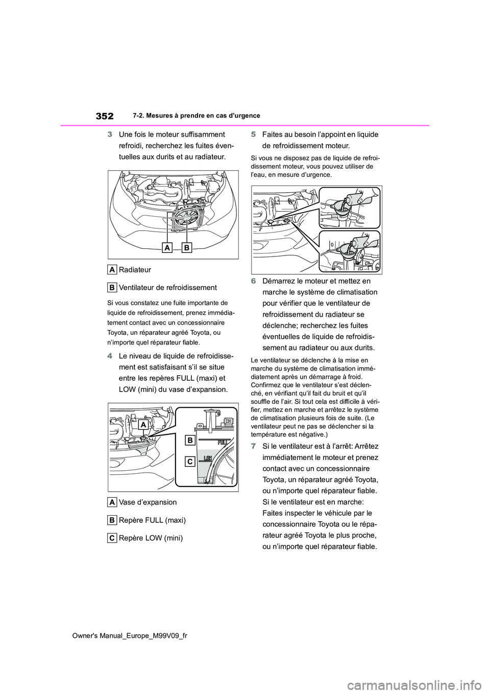 TOYOTA AYGO X 2022 Notices Demploi (in French) 352
Owner's Manual_Europe_M99V09_fr
7-2. Mesures à prendre en cas d’urgence
3Une fois le moteur suffisamment
refroidi, recherchez les fuites éven-
tuelles aux durits et au radiateur.
Radia TOYOTA AYGO X 2022 Notices Demploi (in French) 352
Owner's Manual_Europe_M99V09_fr
7-2. Mesures à prendre en cas d’urgence
3Une fois le moteur suffisamment
refroidi, recherchez les fuites éven-
tuelles aux durits et au radiateur.
Radia