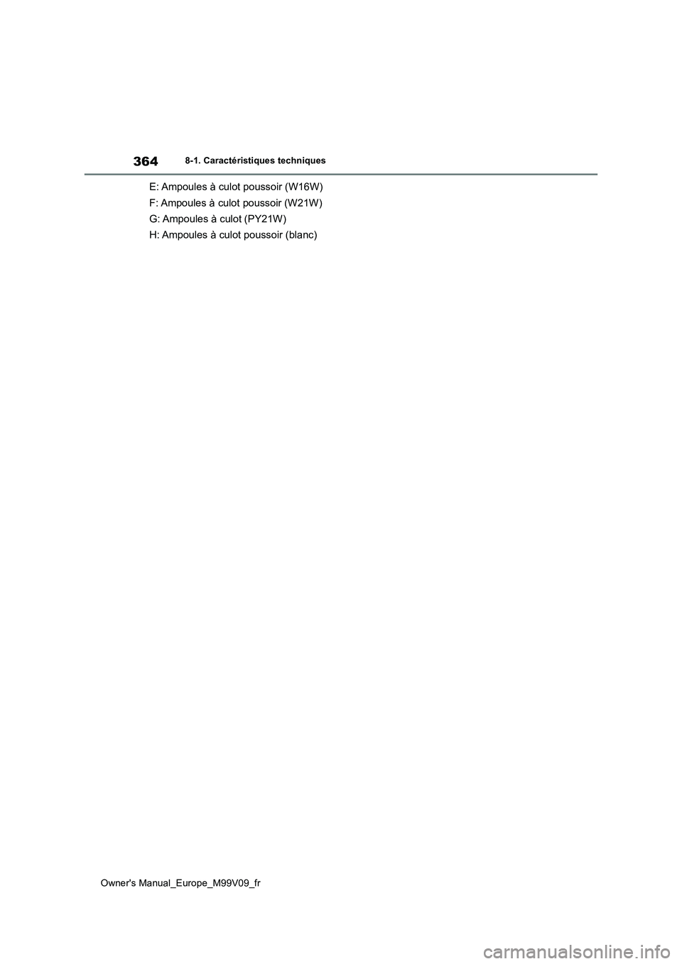 TOYOTA AYGO X 2022 Notices Demploi (in French) 364
Owner's Manual_Europe_M99V09_fr
8-1. Caractéristiques techniques
E: Ampoules à culot poussoir (W16W)
F: Ampoules à culot poussoir (W21W)
G: Ampoules à culot (PY21W)
H: Ampoules à culot TOYOTA AYGO X 2022 Notices Demploi (in French) 364
Owner's Manual_Europe_M99V09_fr
8-1. Caractéristiques techniques
E: Ampoules à culot poussoir (W16W)
F: Ampoules à culot poussoir (W21W)
G: Ampoules à culot (PY21W)
H: Ampoules à culot