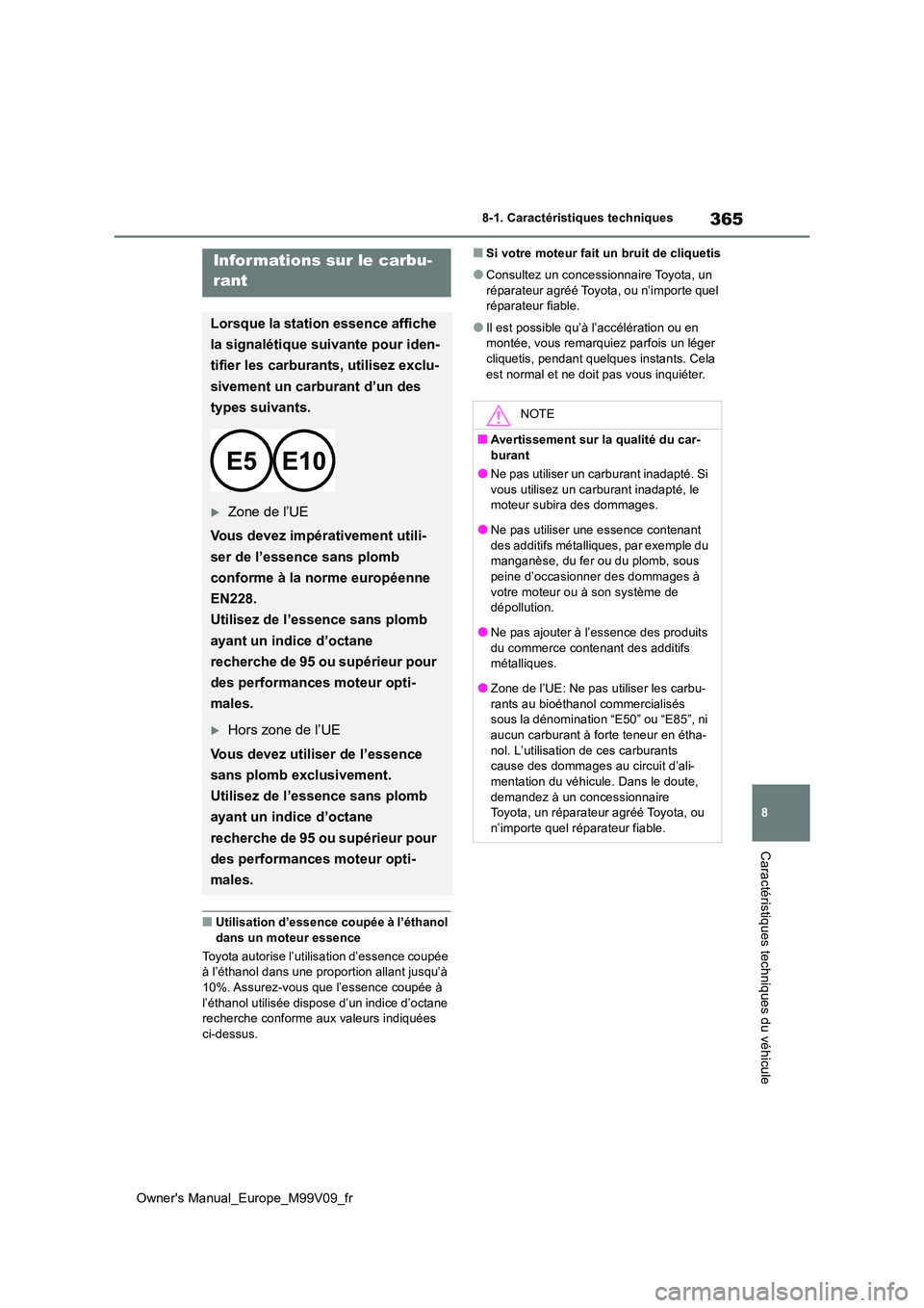 TOYOTA AYGO X 2022  Notices Demploi (in French) 365
8
Owner's Manual_Europe_M99V09_fr
8-1. Caractéristiques techniques
Caractéristiques techniques du véhicule
■Utilisation d’essence coupée à l’éthanol  dans un moteur essence 
Toyota