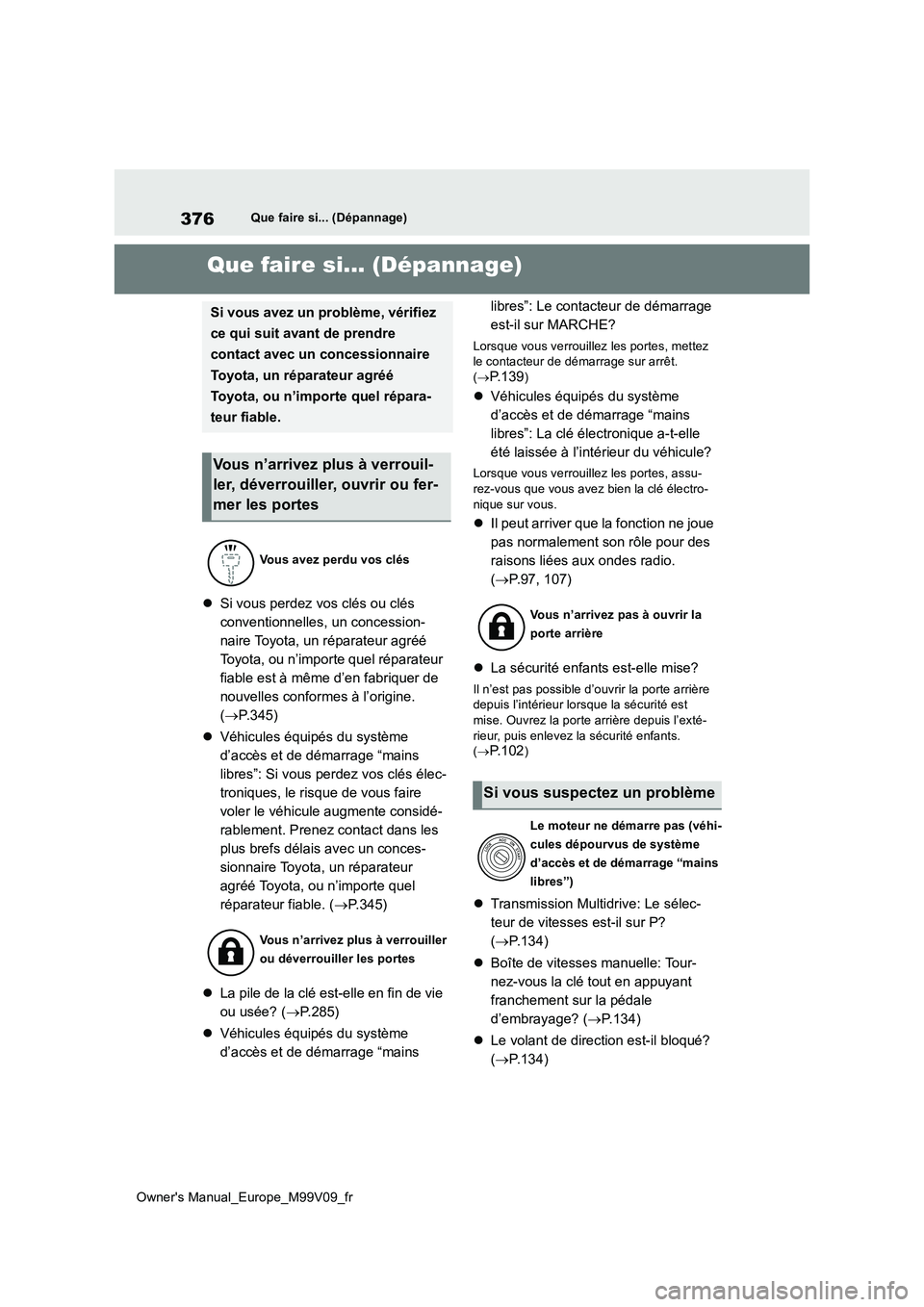 TOYOTA AYGO X 2022 Notices Demploi (in French) 376
Owner's Manual_Europe_M99V09_fr
Que faire si... (Dépannage)
1-1.Que fa ire si... (Dépan nage)Que faire si... (Dépannage)
Si vous perdez vos clés ou clés
conventionnelles, un concessi TOYOTA AYGO X 2022 Notices Demploi (in French) 376
Owner's Manual_Europe_M99V09_fr
Que faire si... (Dépannage)
1-1.Que fa ire si... (Dépan nage)Que faire si... (Dépannage)
Si vous perdez vos clés ou clés
conventionnelles, un concessi