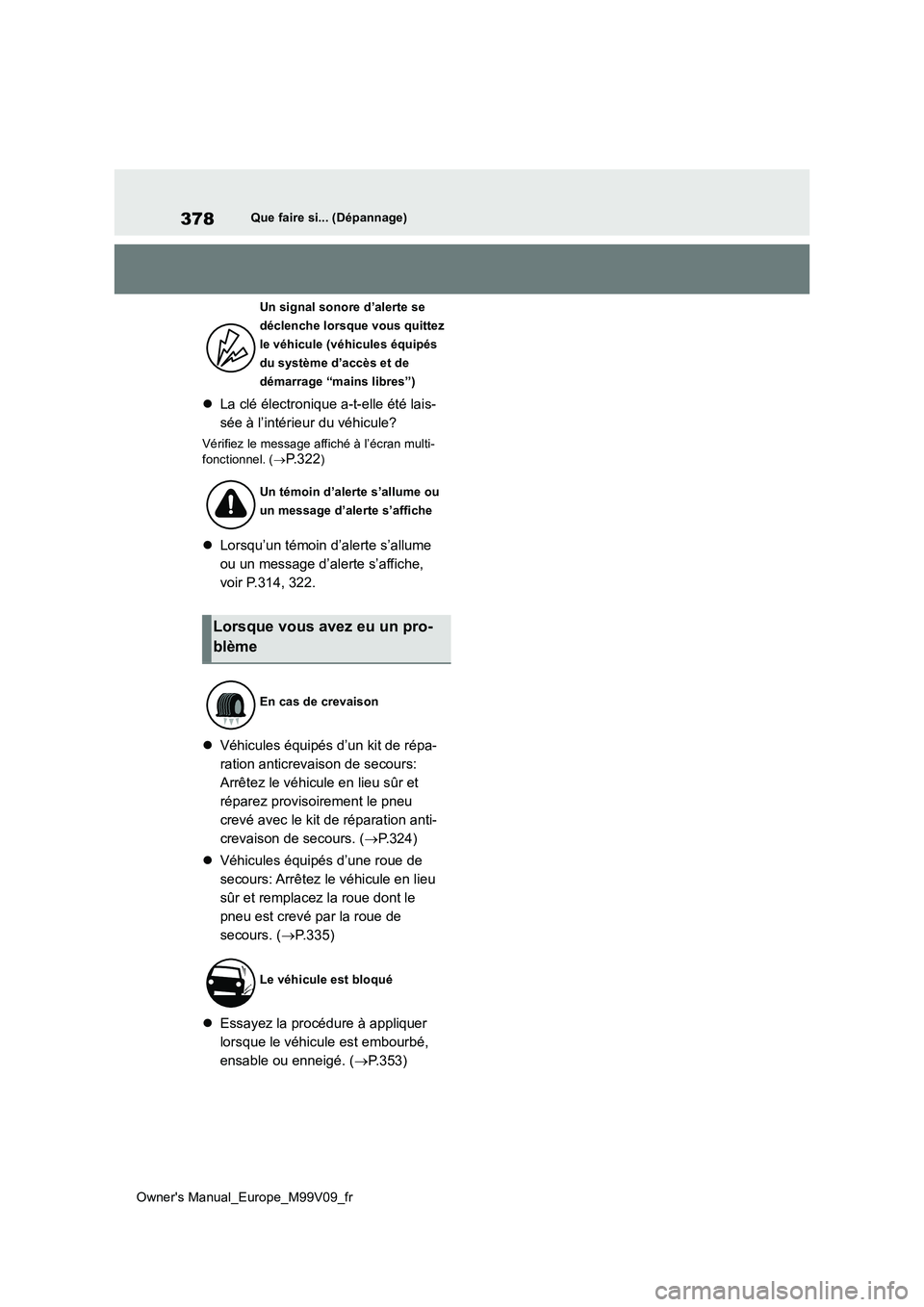 TOYOTA AYGO X 2022 Notices Demploi (in French) 378
Owner's Manual_Europe_M99V09_fr
Que faire si... (Dépannage)
La clé électronique a-t-elle été lais-
sée à l’intérieur du véhicule?
Vérifiez le message affiché à l’écran mul TOYOTA AYGO X 2022 Notices Demploi (in French) 378
Owner's Manual_Europe_M99V09_fr
Que faire si... (Dépannage)
La clé électronique a-t-elle été lais-
sée à l’intérieur du véhicule?
Vérifiez le message affiché à l’écran mul