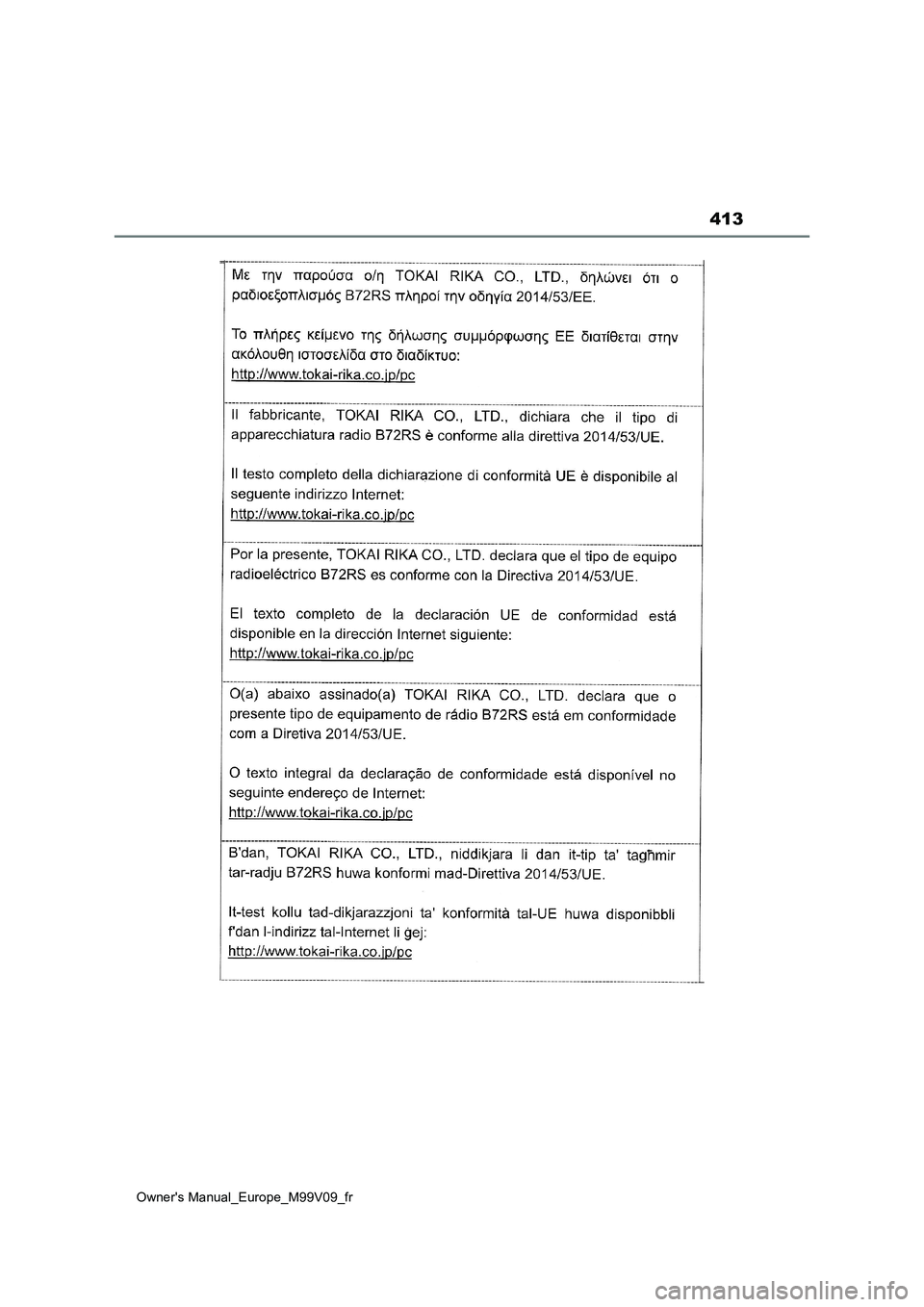 TOYOTA AYGO X 2022 Notices Demploi (in French) 413
Owner's Manual_Europe_M99V09_fr TOYOTA AYGO X 2022 Notices Demploi (in French) 413
Owner's Manual_Europe_M99V09_fr