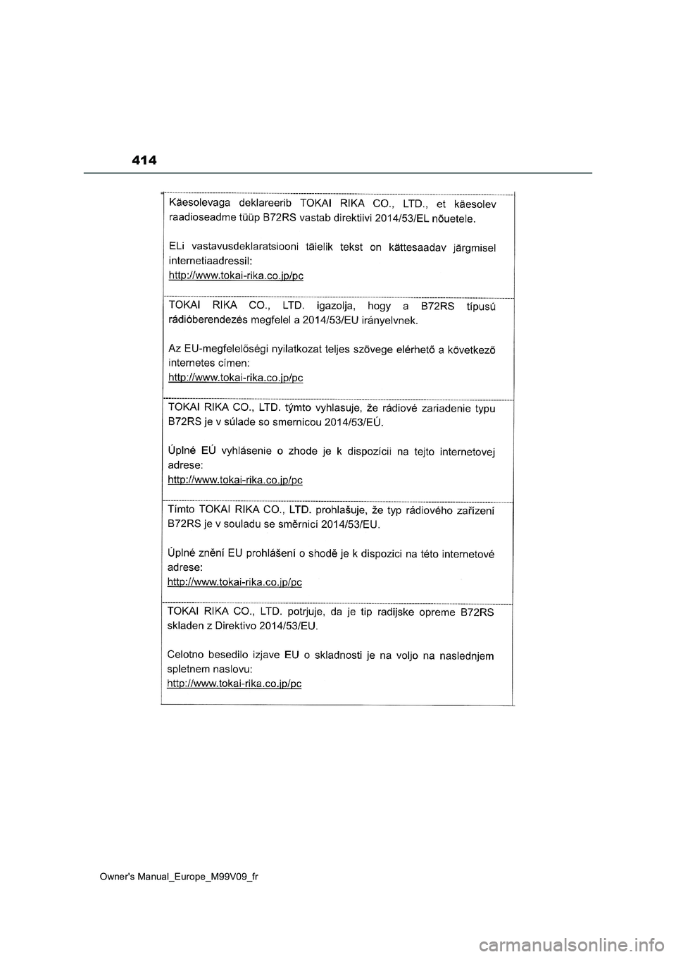 TOYOTA AYGO X 2022 Notices Demploi (in French) 414
Owner's Manual_Europe_M99V09_fr TOYOTA AYGO X 2022 Notices Demploi (in French) 414
Owner's Manual_Europe_M99V09_fr