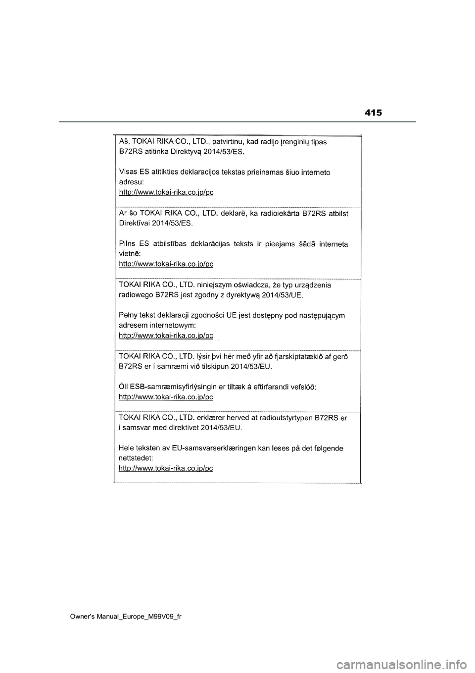 TOYOTA AYGO X 2022 Notices Demploi (in French) 415
Owner's Manual_Europe_M99V09_fr TOYOTA AYGO X 2022 Notices Demploi (in French) 415
Owner's Manual_Europe_M99V09_fr