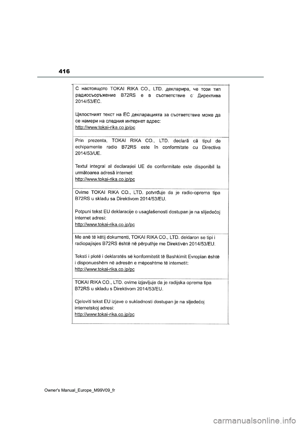 TOYOTA AYGO X 2022 Notices Demploi (in French) 416
Owner's Manual_Europe_M99V09_fr TOYOTA AYGO X 2022 Notices Demploi (in French) 416
Owner's Manual_Europe_M99V09_fr