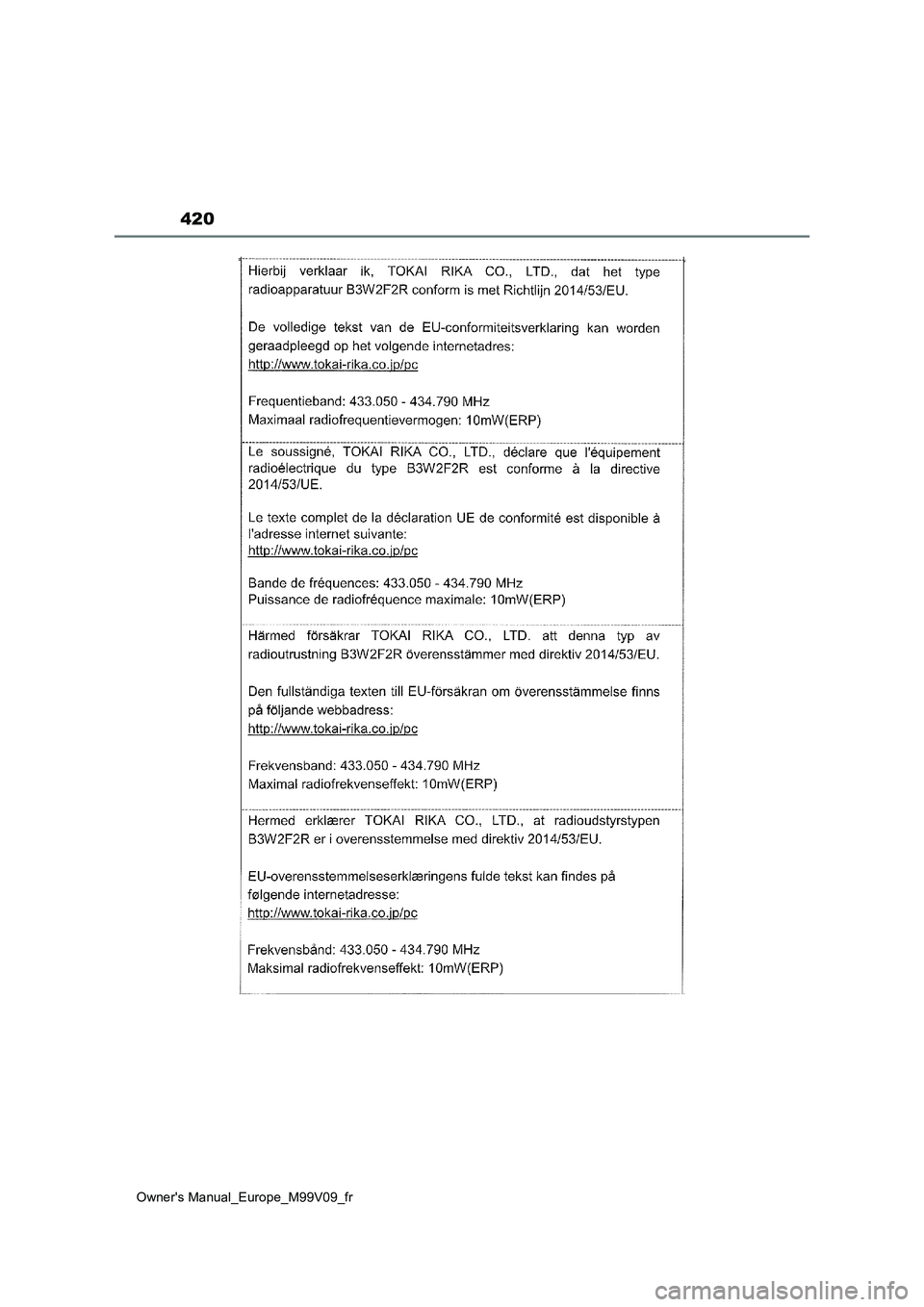 TOYOTA AYGO X 2022 Notices Demploi (in French) 420
Owner's Manual_Europe_M99V09_fr TOYOTA AYGO X 2022 Notices Demploi (in French) 420
Owner's Manual_Europe_M99V09_fr