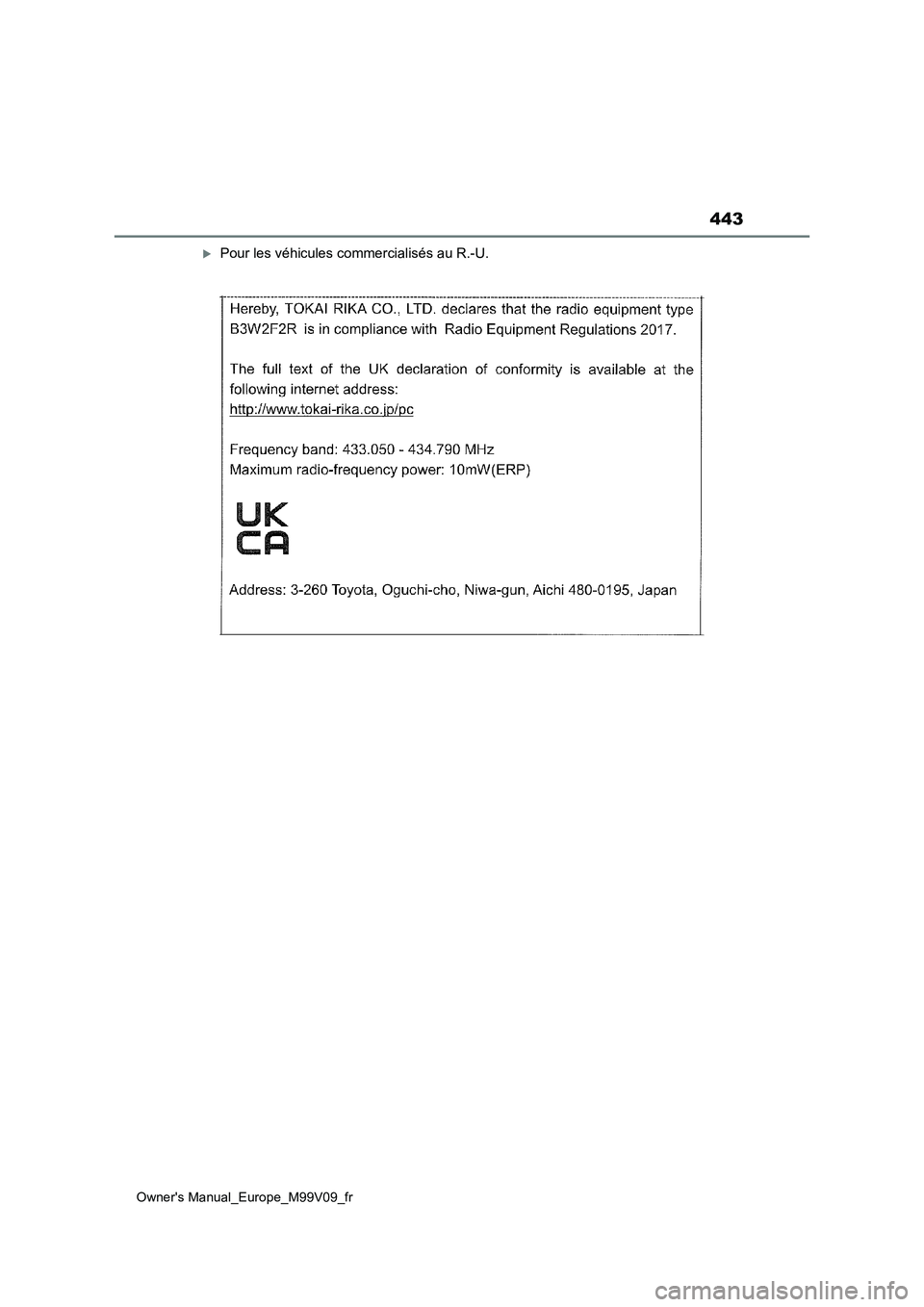 TOYOTA AYGO X 2022 Notices Demploi (in French) 443
Owner's Manual_Europe_M99V09_fr
Pour les véhicules commercialisés au R.-U. TOYOTA AYGO X 2022 Notices Demploi (in French) 443
Owner's Manual_Europe_M99V09_fr
Pour les véhicules commercialisés au R.-U.