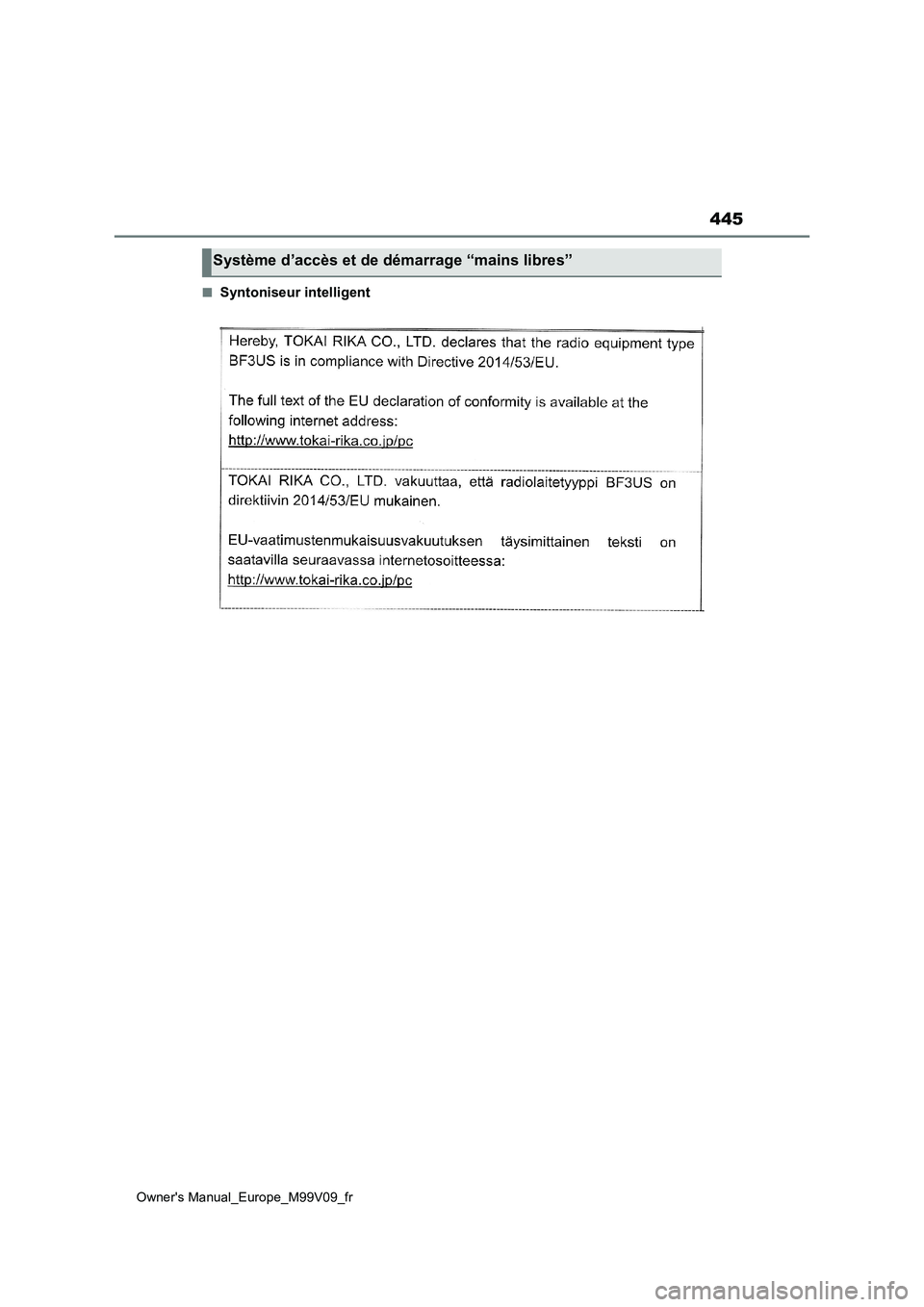 TOYOTA AYGO X 2022 Notices Demploi (in French) 445
Owner's Manual_Europe_M99V09_fr
■Syntoniseur intelligent
Système d’accès et de démarrage “mains libres” TOYOTA AYGO X 2022 Notices Demploi (in French) 445
Owner's Manual_Europe_M99V09_fr
■Syntoniseur intelligent
Système d’accès et de démarrage “mains libres”