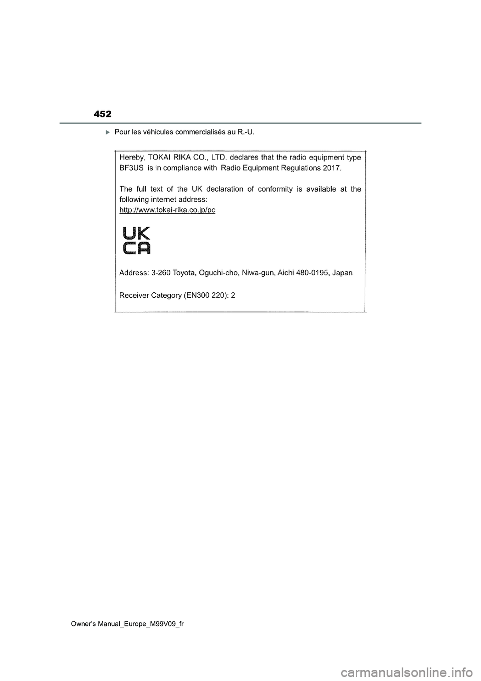 TOYOTA AYGO X 2022 Notices Demploi (in French) 452
Owner's Manual_Europe_M99V09_fr
Pour les véhicules commercialisés au R.-U. TOYOTA AYGO X 2022 Notices Demploi (in French) 452
Owner's Manual_Europe_M99V09_fr
Pour les véhicules commercialisés au R.-U.